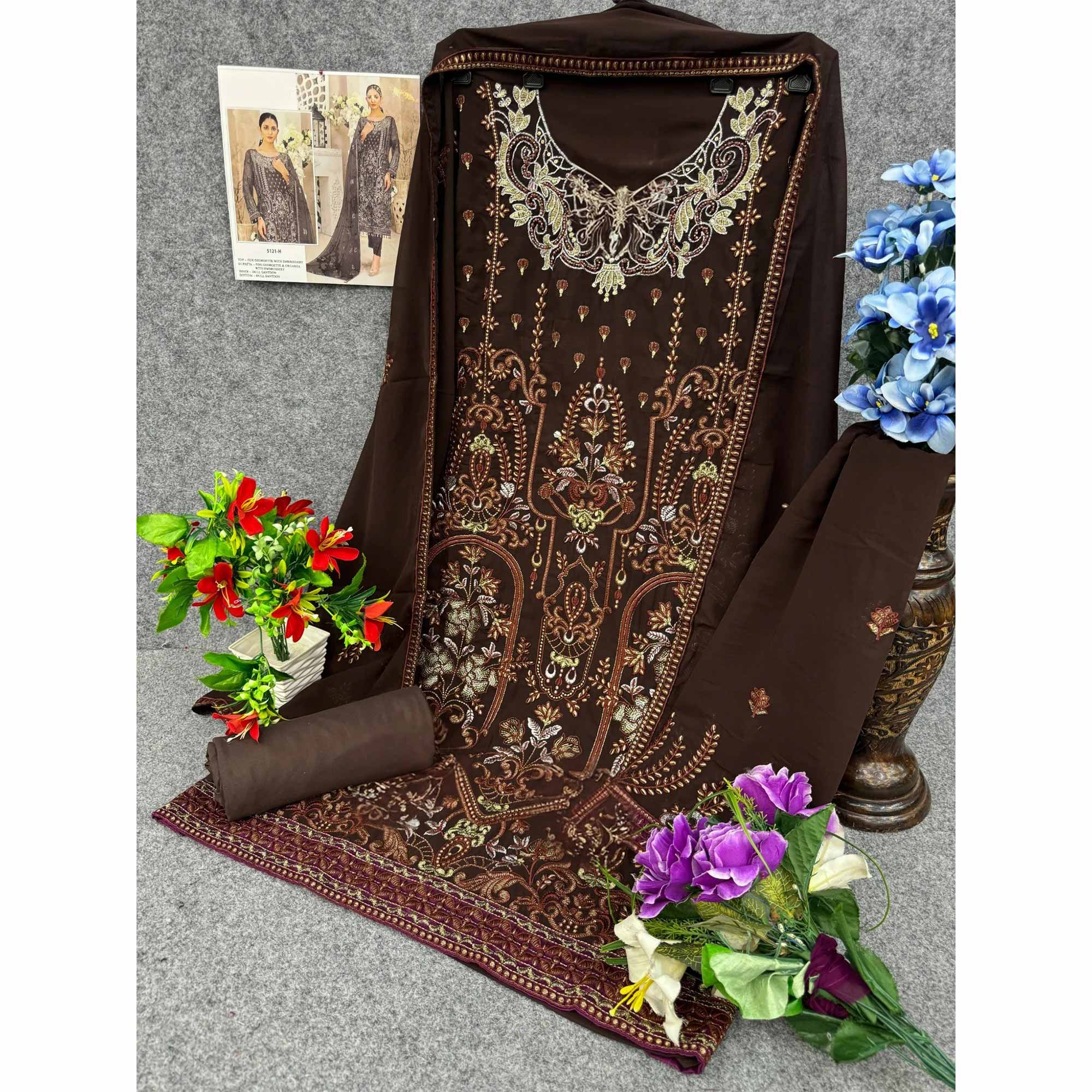 Dark Brown Floral Embroidered Georgette Dress Material