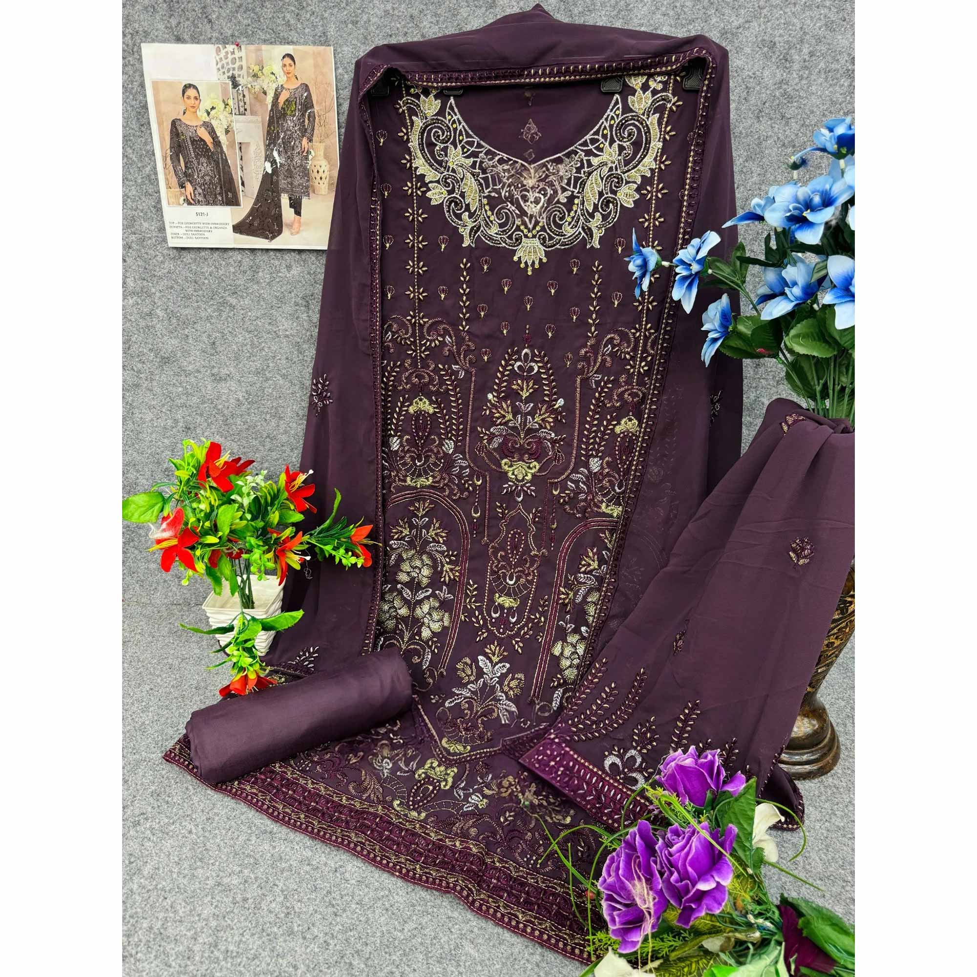 Burgundy Floral Embroidered Georgette Dress Material