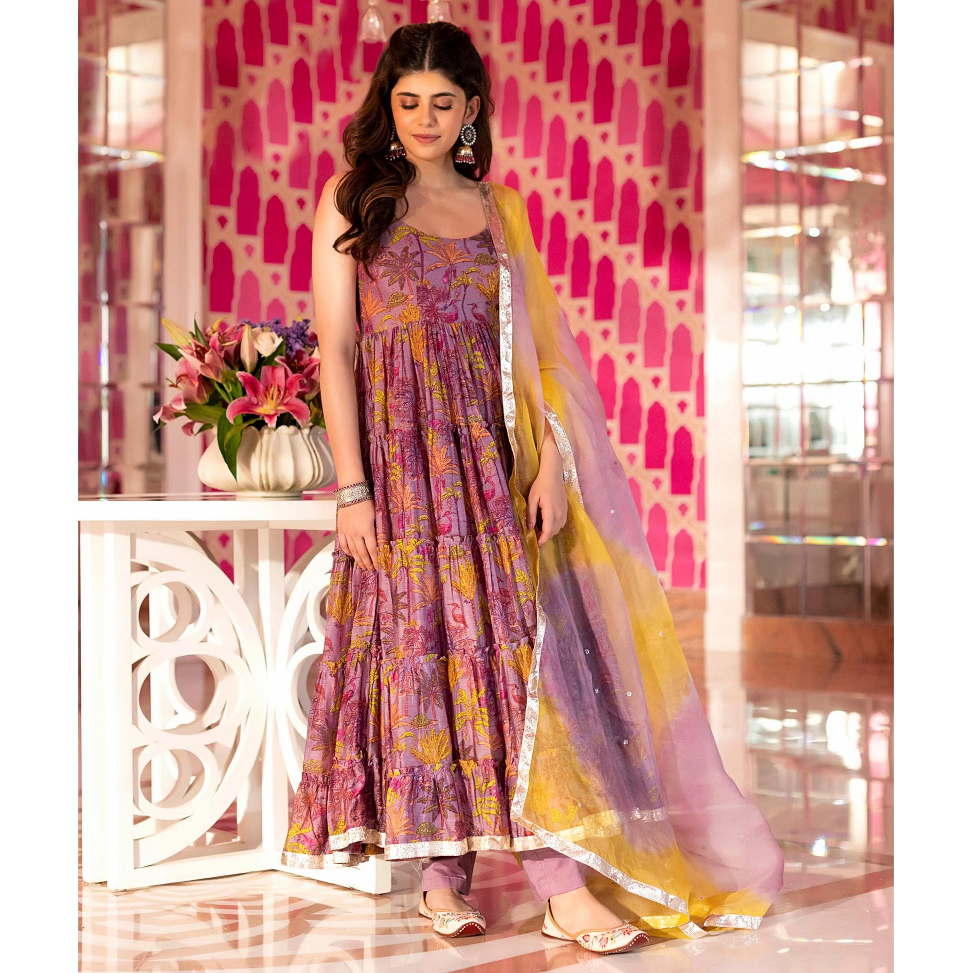 Pink Floral Digital Printed Chanderi Anarkali Style Suit