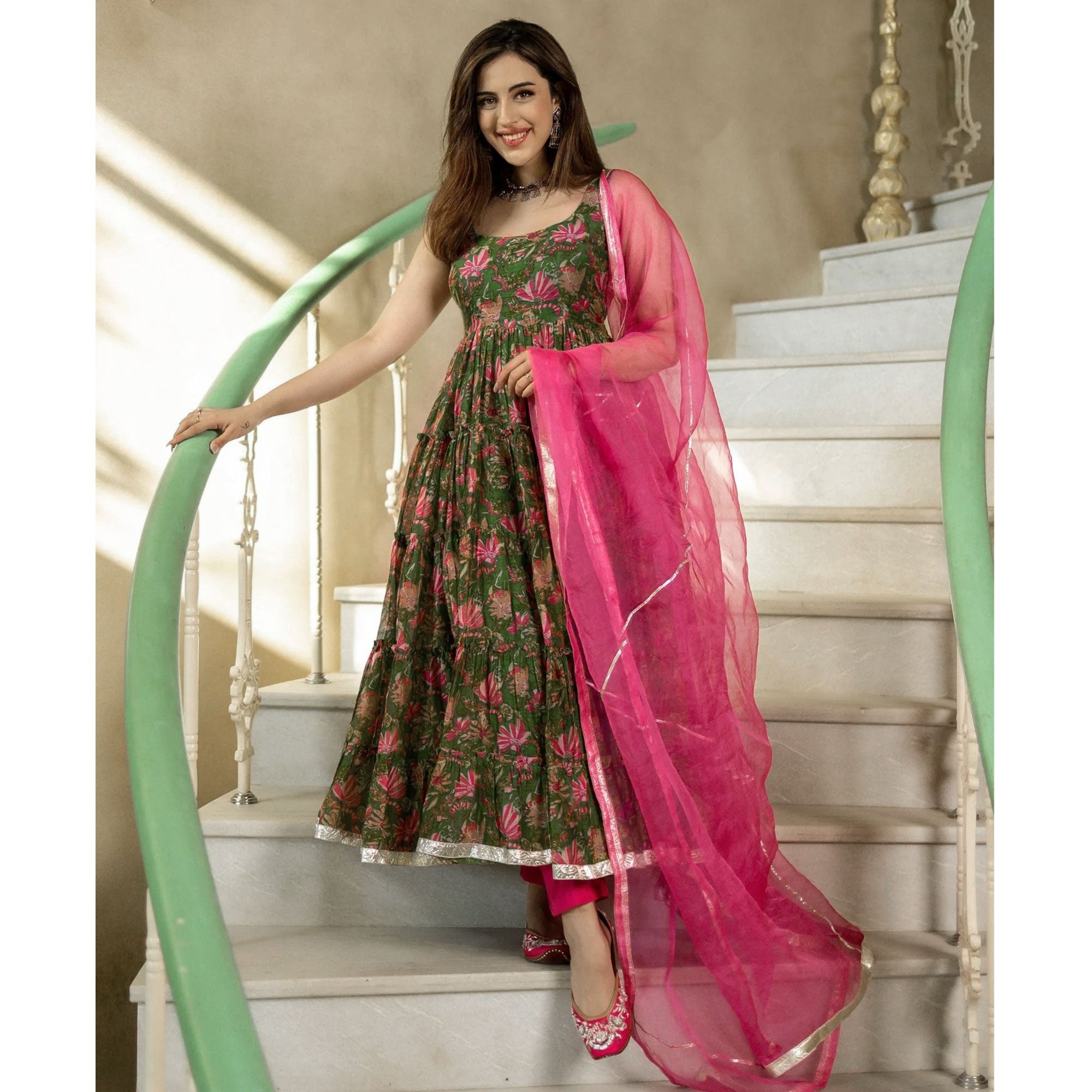Green Floral Digital Printed Chanderi Anarkali Style Suit