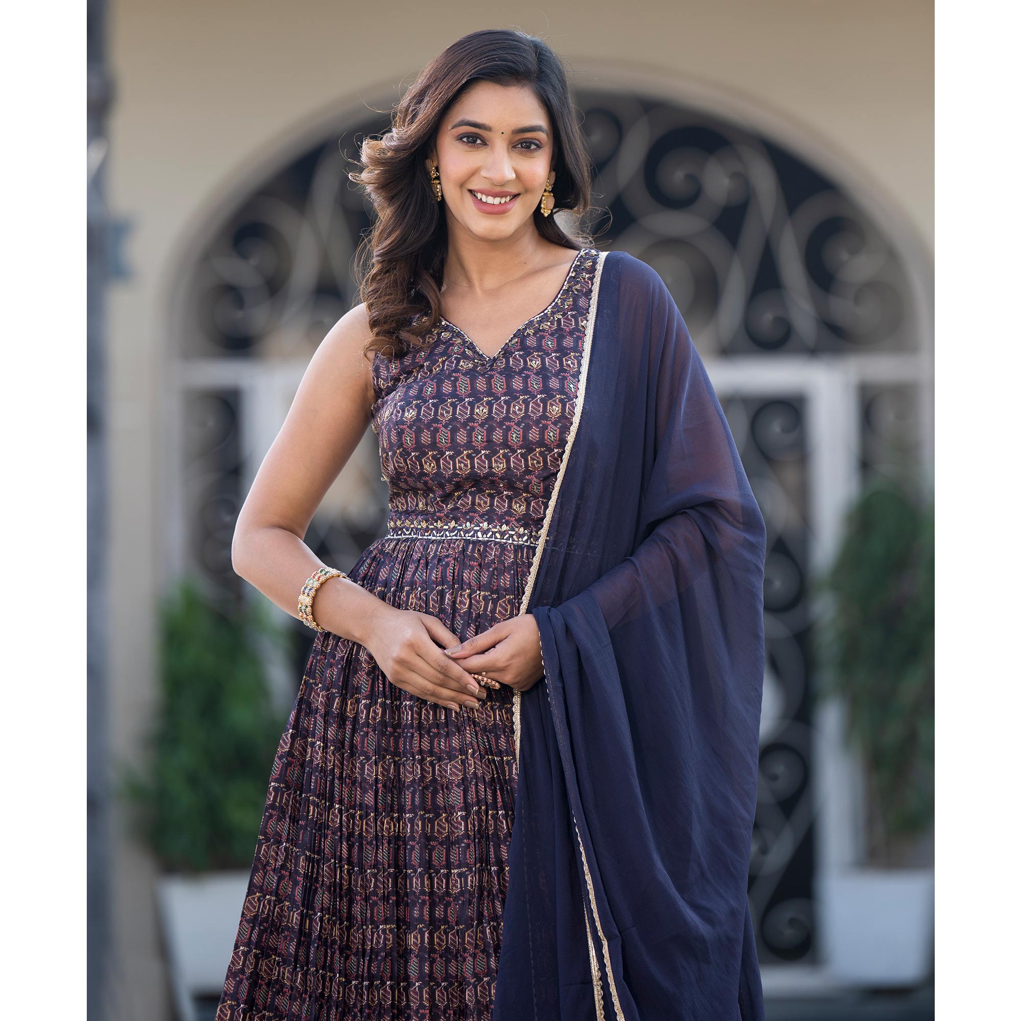 Blue Printed Dola Silk Anarkali Style Gown With Mirror Work