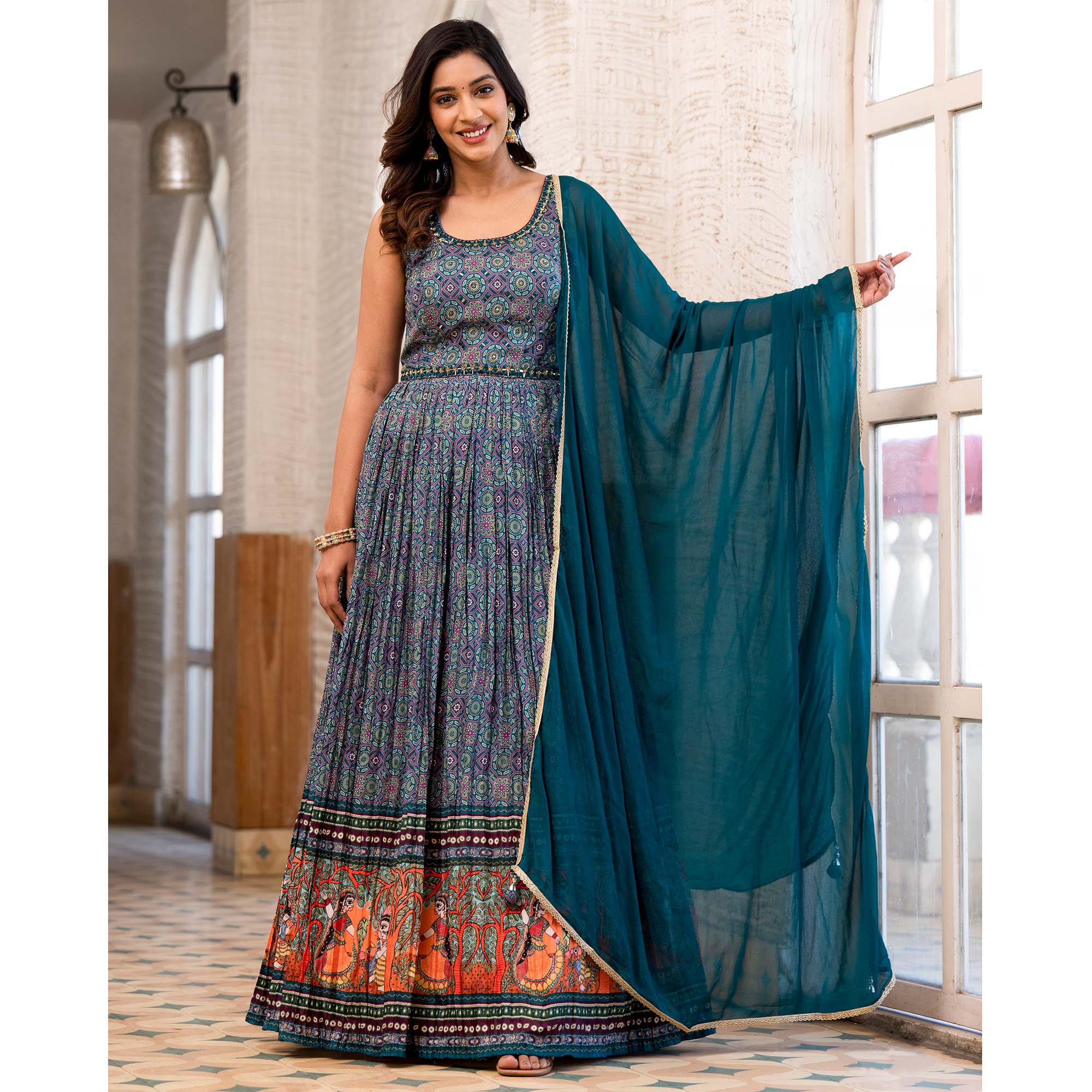 Morpich Blue Printed Dola Silk Anarkali Style Gown With Mirror Work