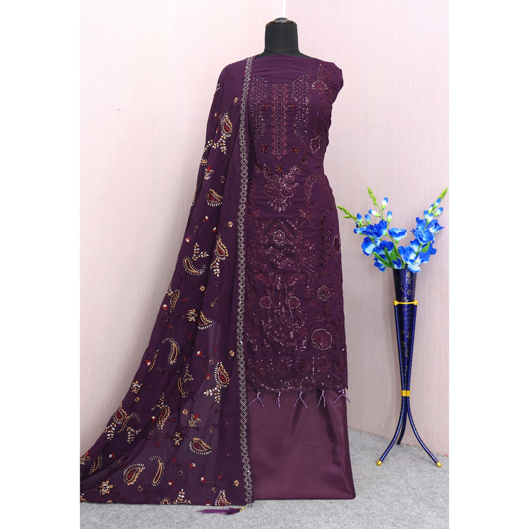 Purple Heavy Embroidered Work Georgette Dress Material