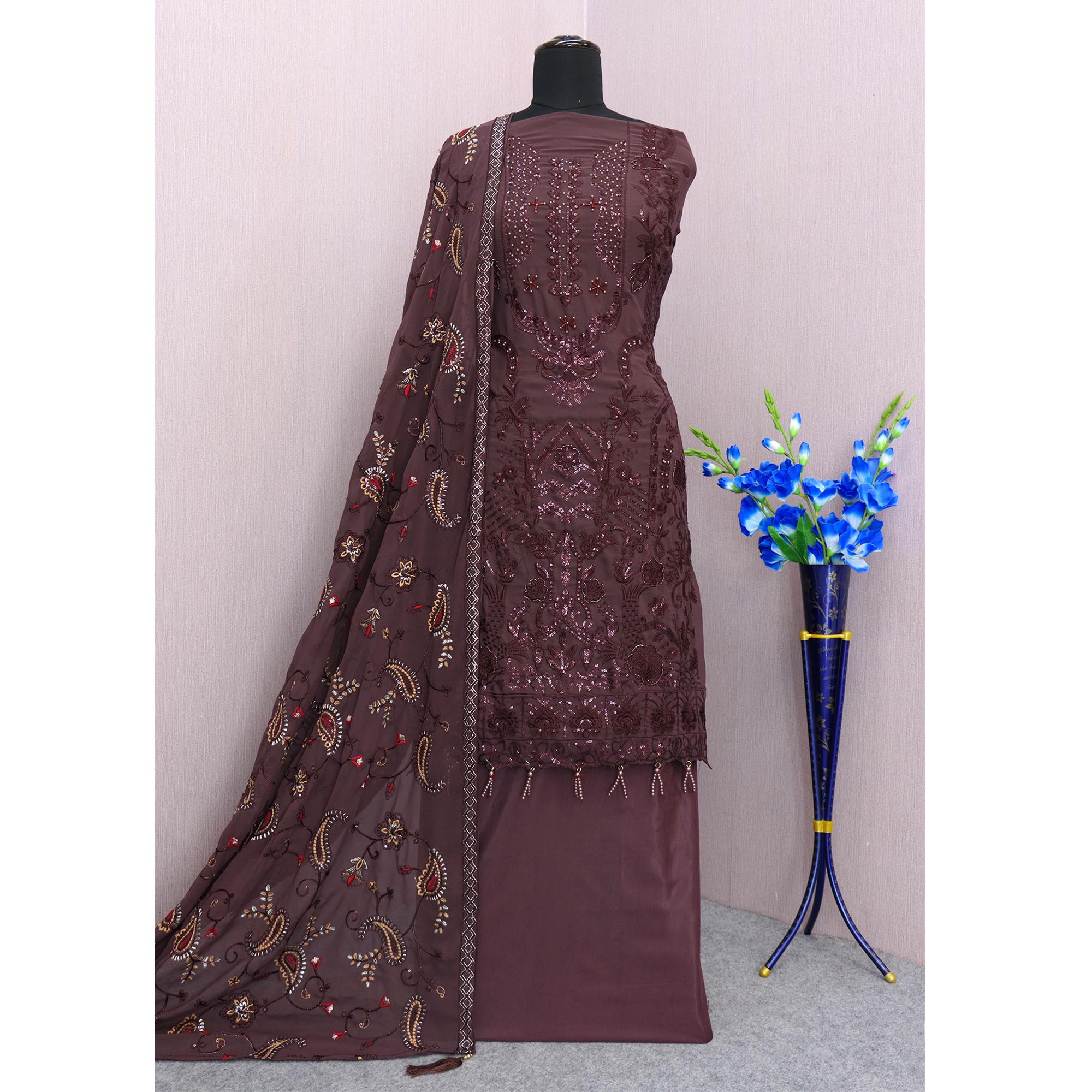 Purple Taupe Heavy Embroidered Work Georgette Dress Material