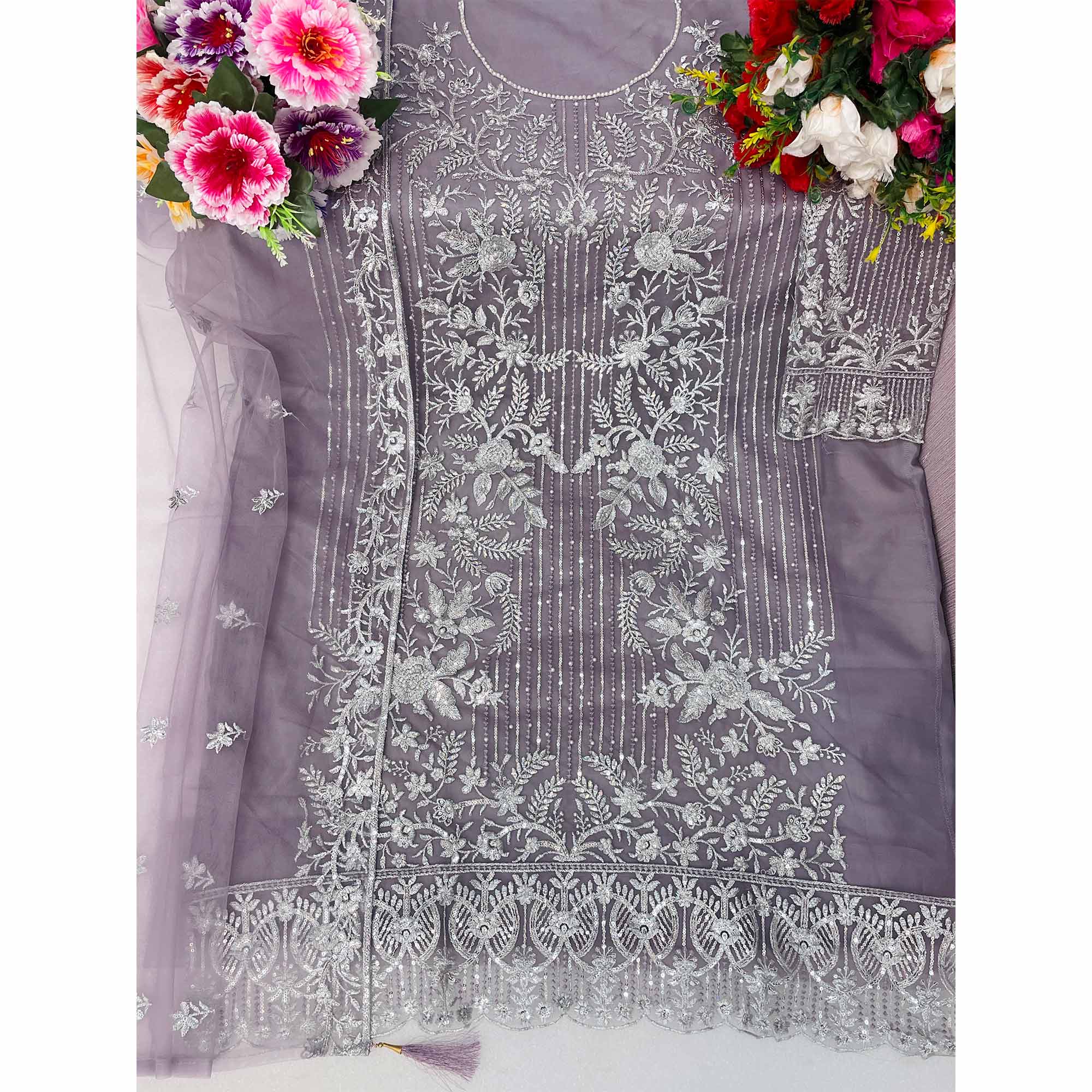 Lavender Sequins Embroidered Work Net Dress Material