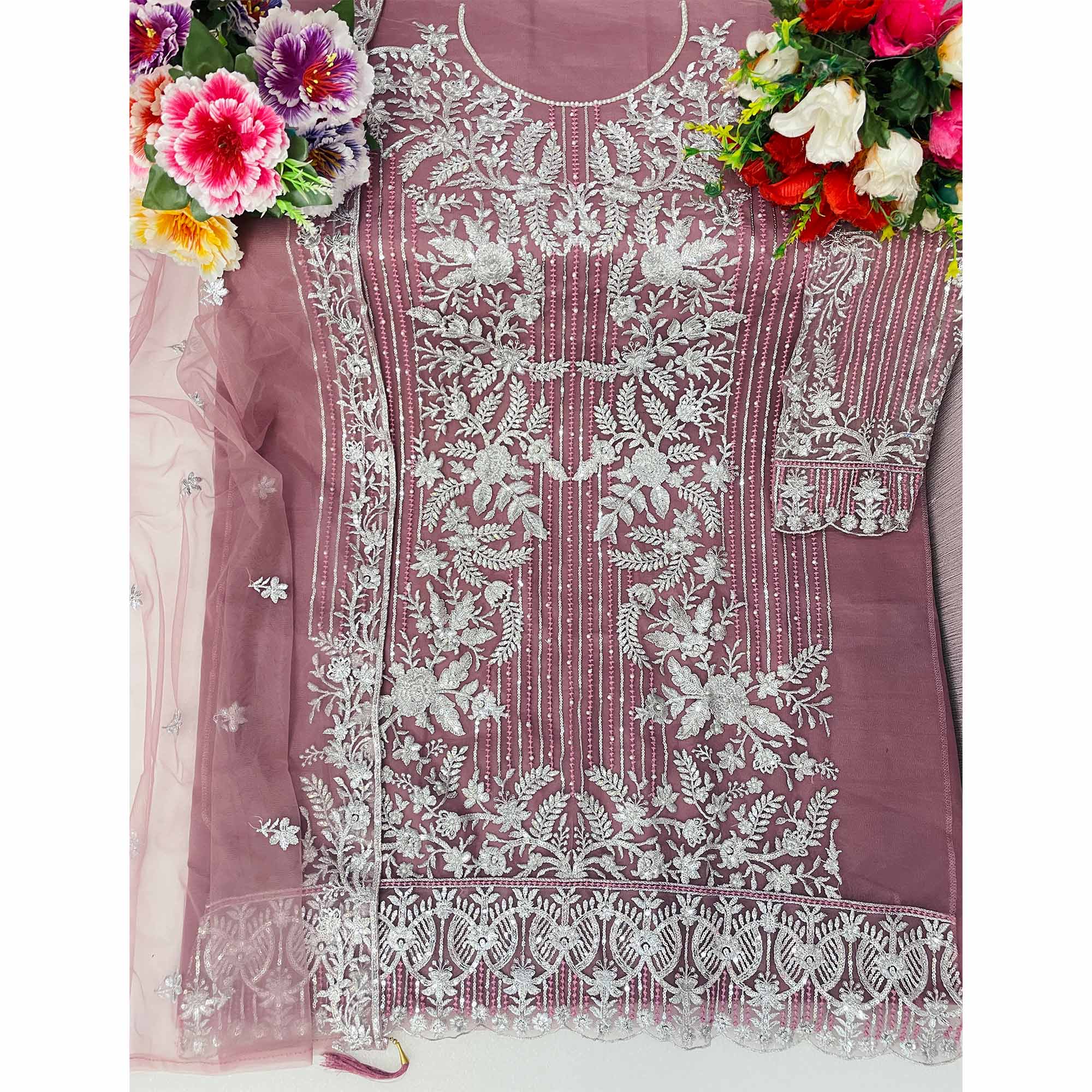 Pink Sequins Embroidered Work Net Dress Material
