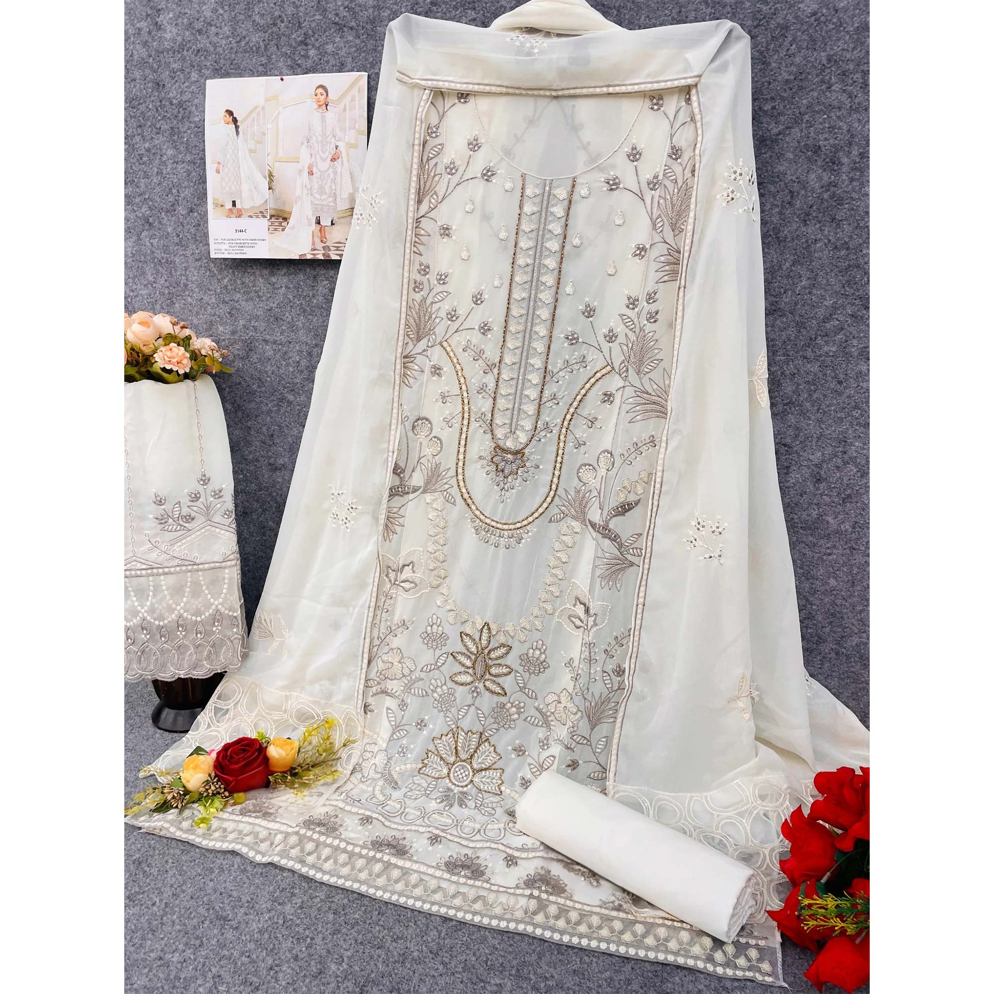 White Floral Design Dress Material Crafted from Lightweight Georgette Fabric