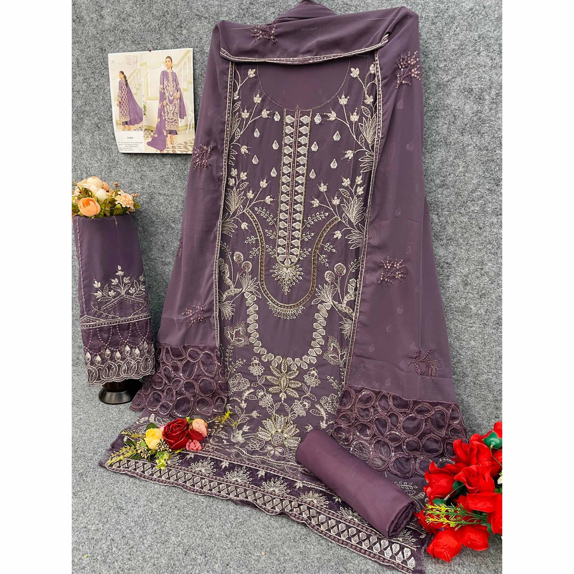 Purple Floral Design Dress Material Crafted from Lightweight Georgette Fabric