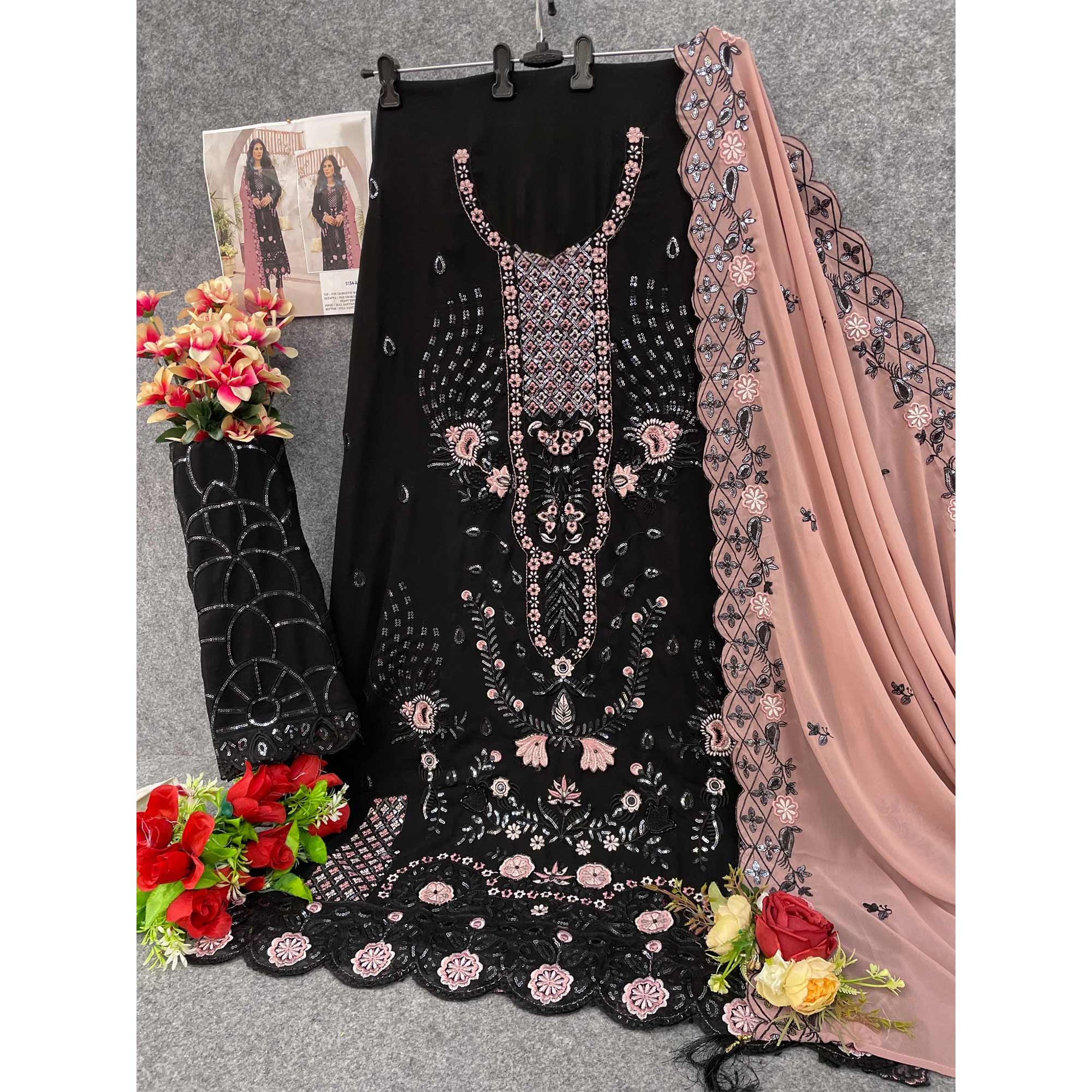 Black Floral Design Dress Material Crafted from Lightweight Georgette Fabric