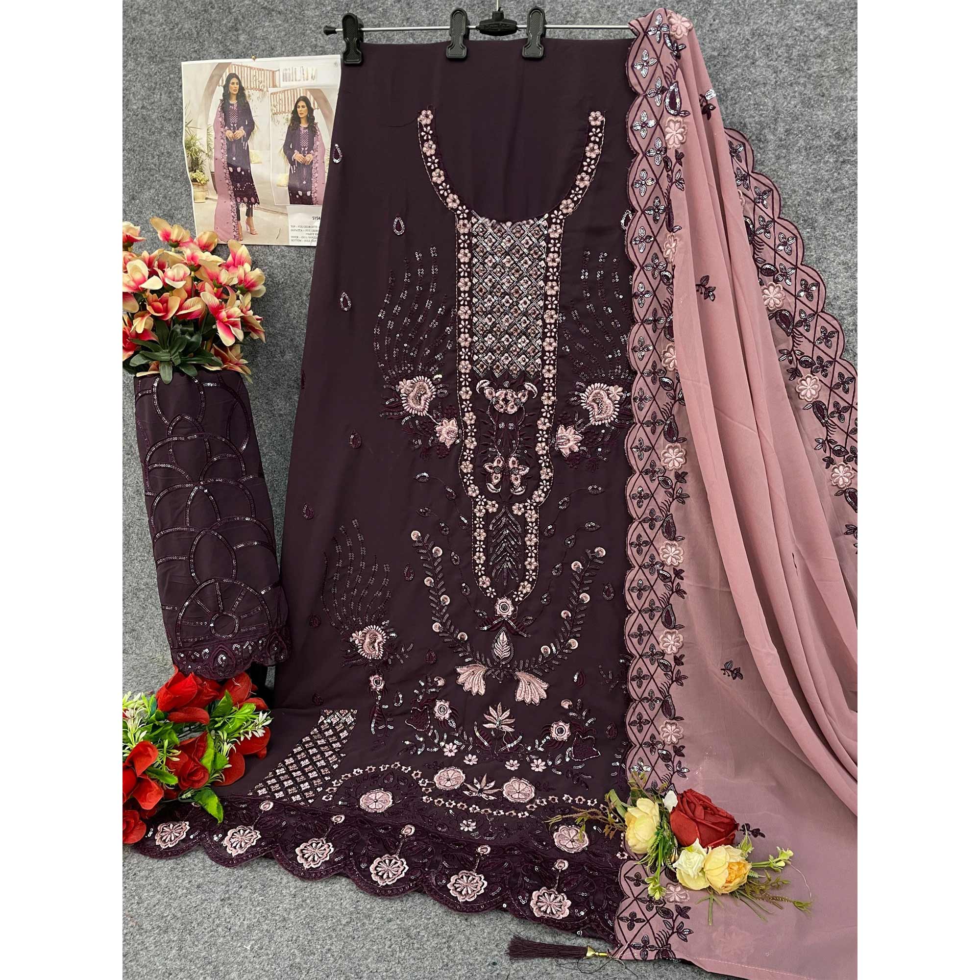 Wine Floral Design Dress Material Crafted from Lightweight Georgette Fabric