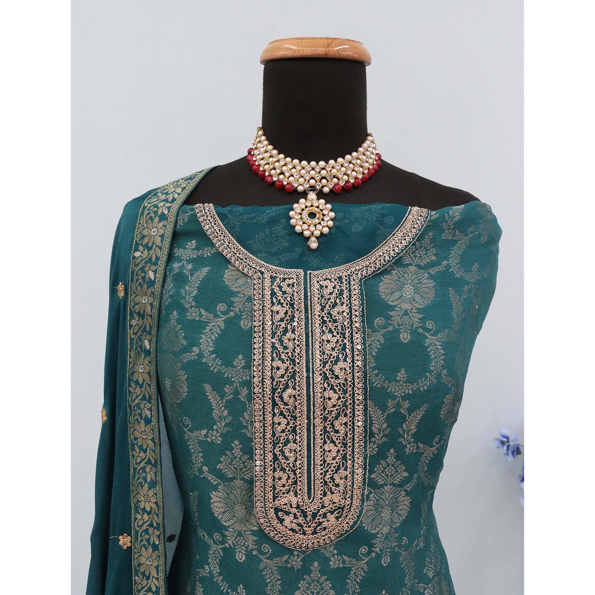 Rama Green Weaving With Sequins Work Dola Silk Dress Material