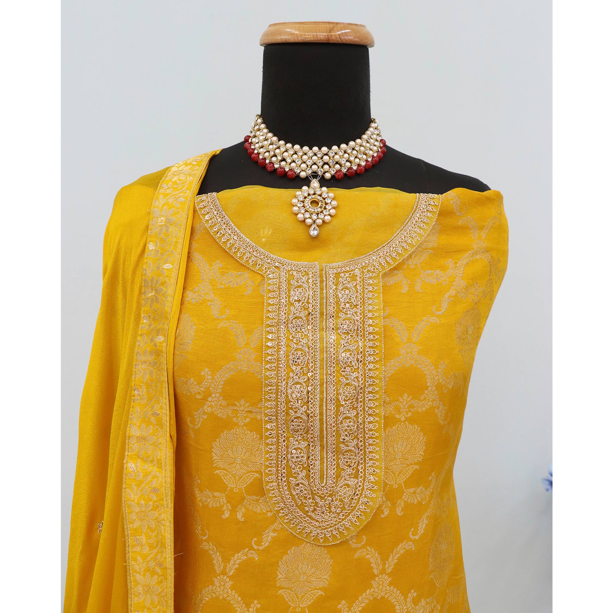 Mustard Weaving With Sequins Work Dola Silk Dress Material