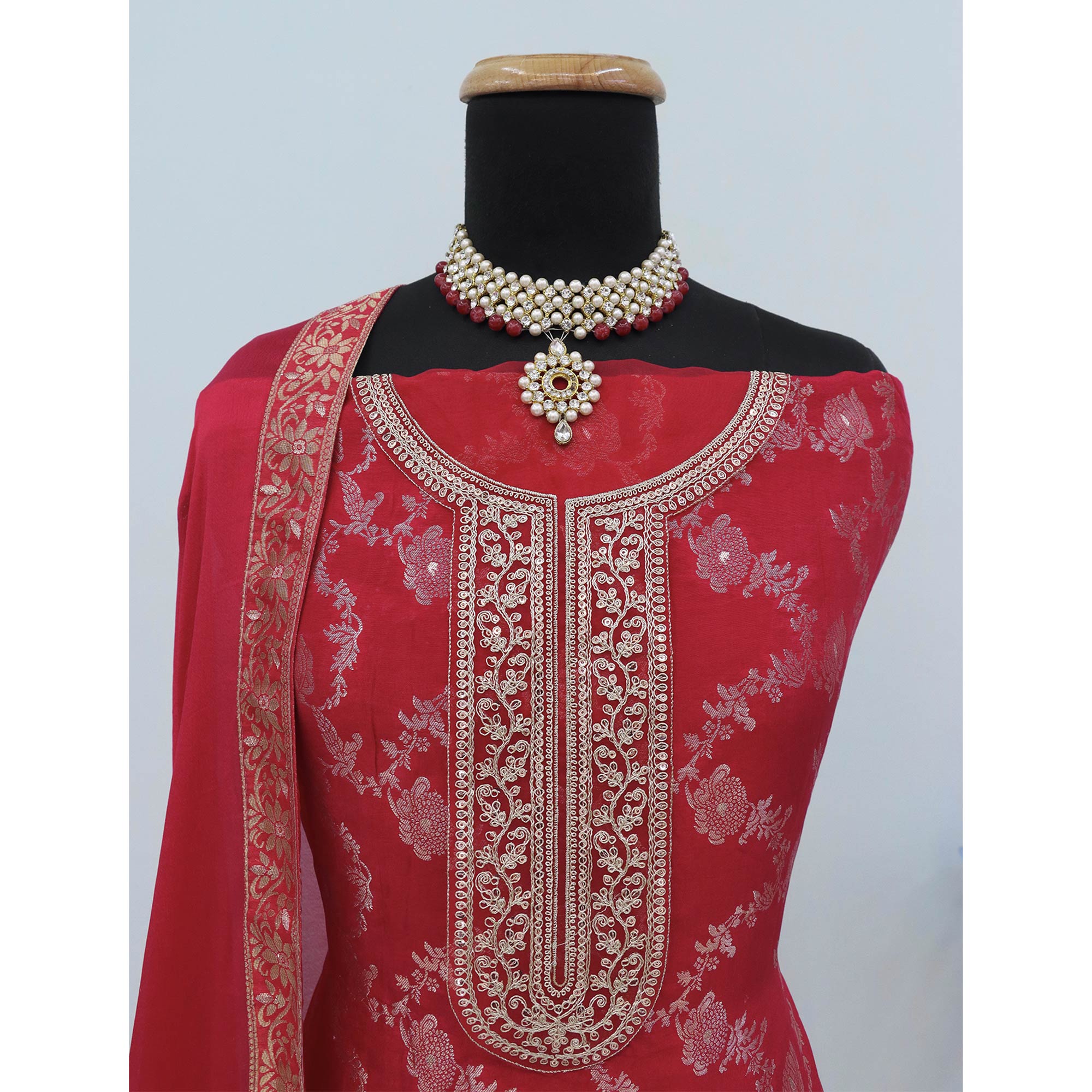 Red Weaving With Sequins Work Dola Silk Dress Material