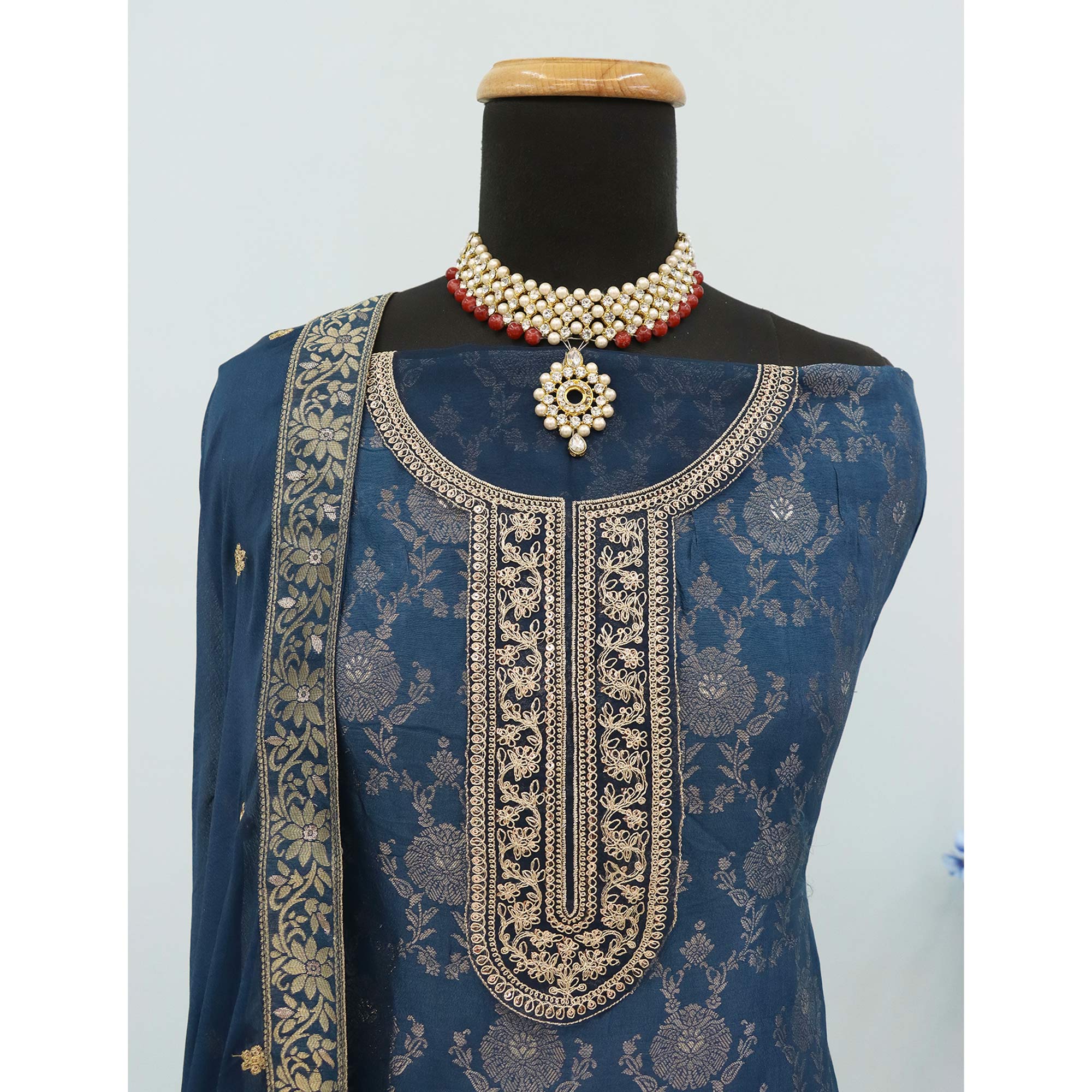 Navy Blue Weaving With Sequins Work Dola Silk Dress Material