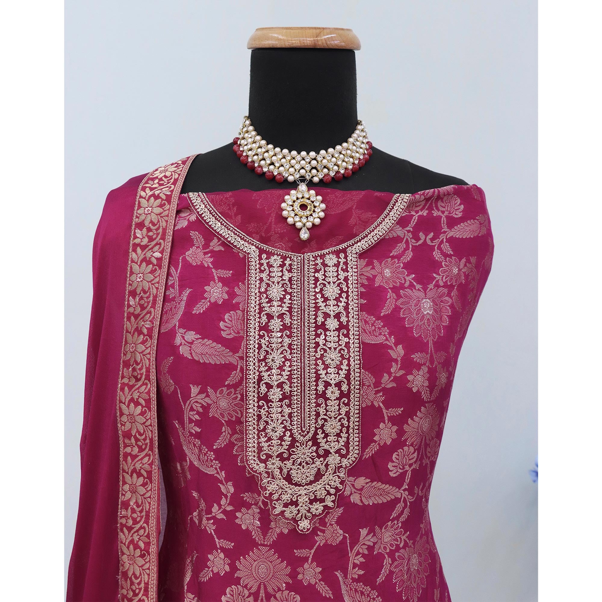 Magenta Weaving With Sequins Work Dola Silk Dress Material