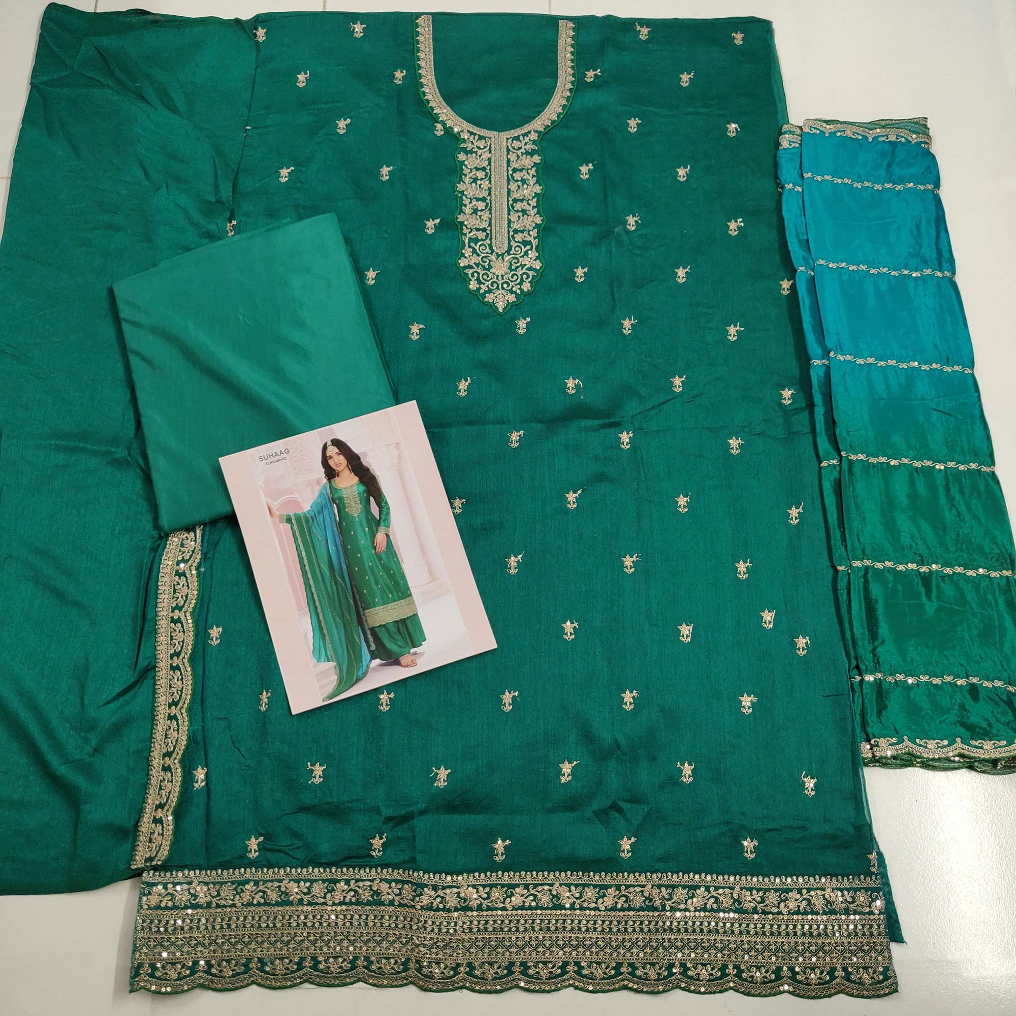 Green Floral Embroidered Vichitra Silk Dress Material