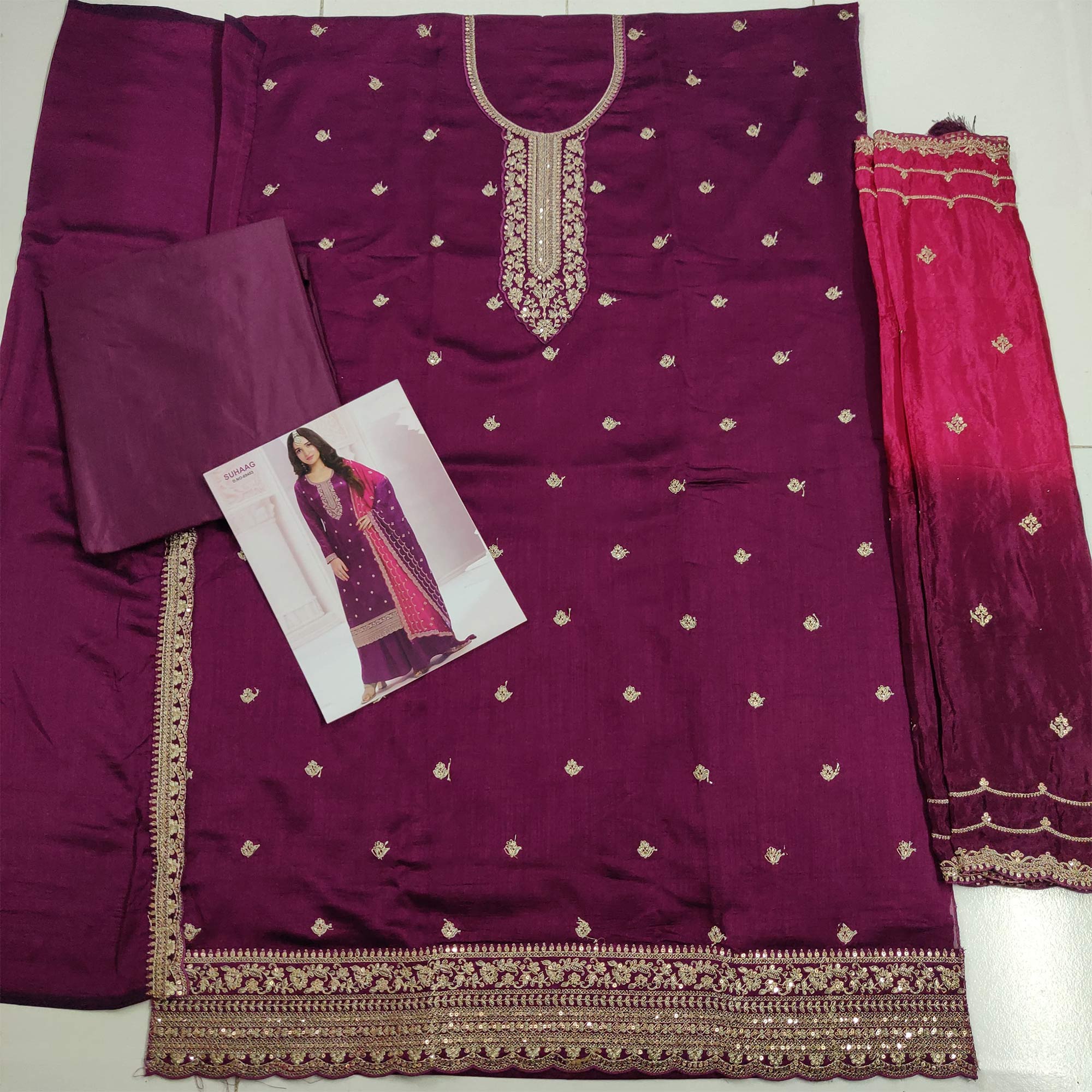 Purple Floral Embroidered Vichitra Silk Dress Material