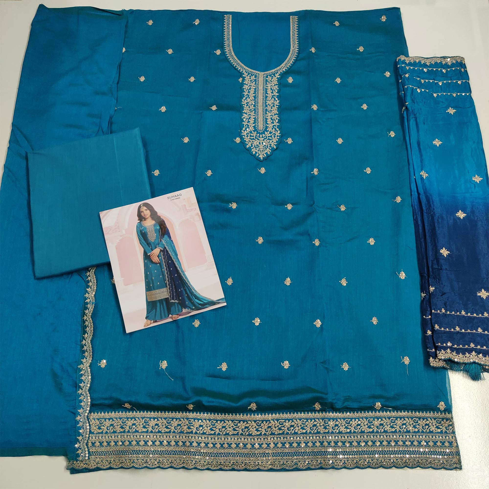 Blue Floral Embroidered Vichitra Silk Dress Material