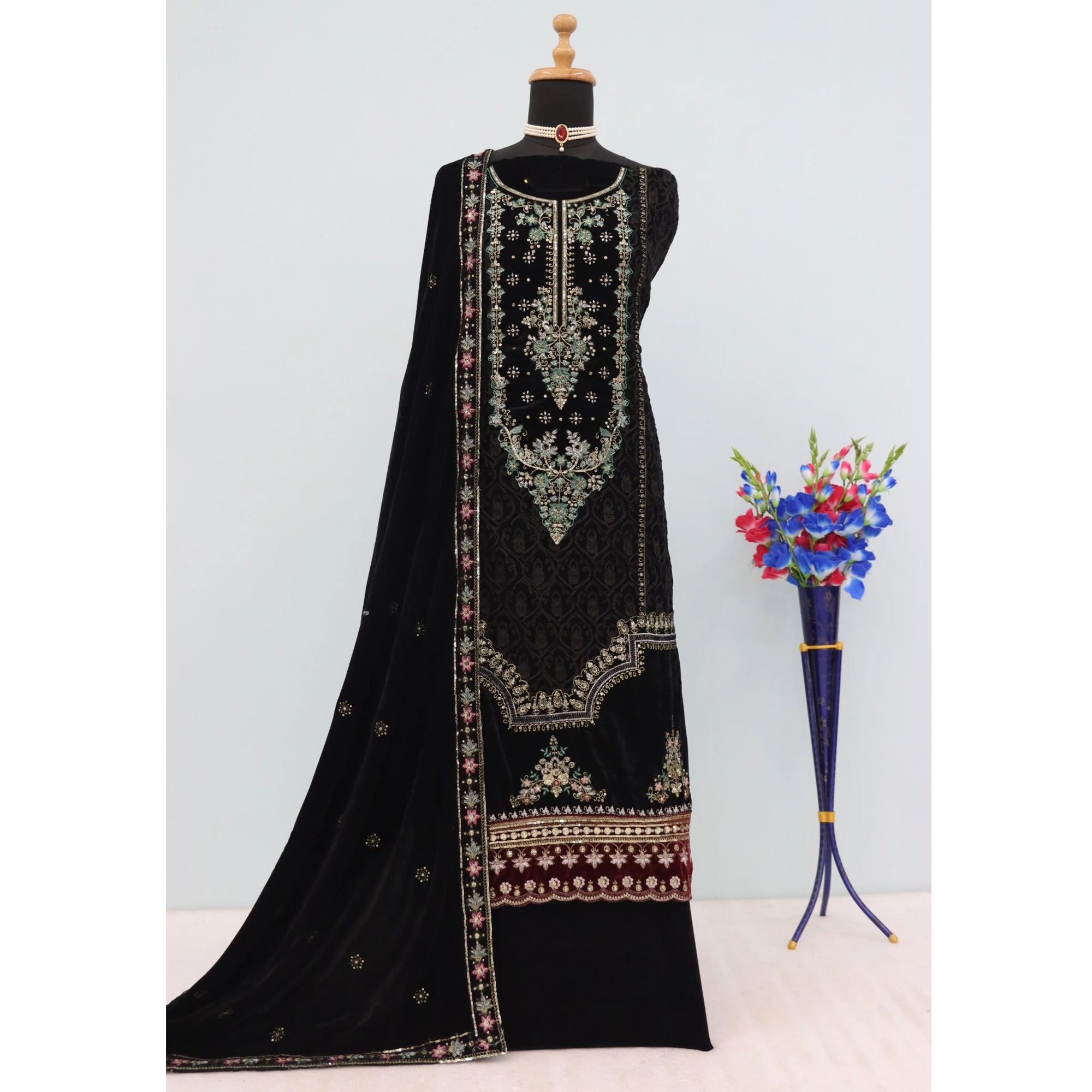 Black Velvet Dress Material Adorned with Sequins & Thread Embroidery