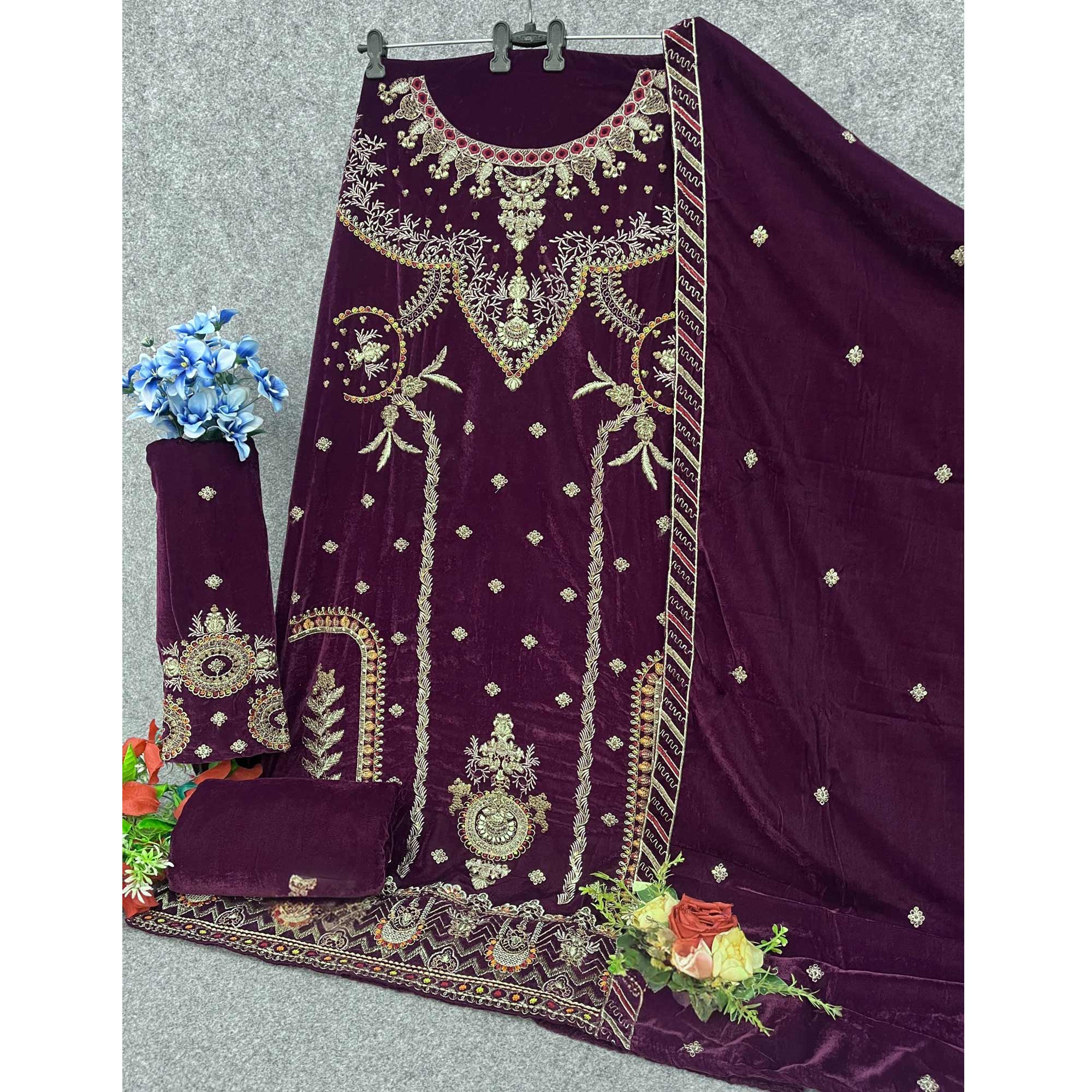 Purple Velvet Dress Material Adorned with Sequins & Thread Embroidery