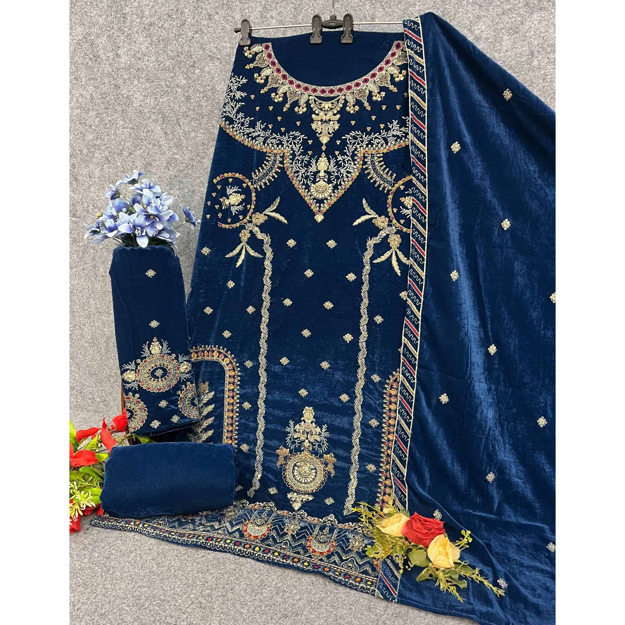 Royal Blue Velvet Dress Material Adorned with Sequins & Thread Embroidery
