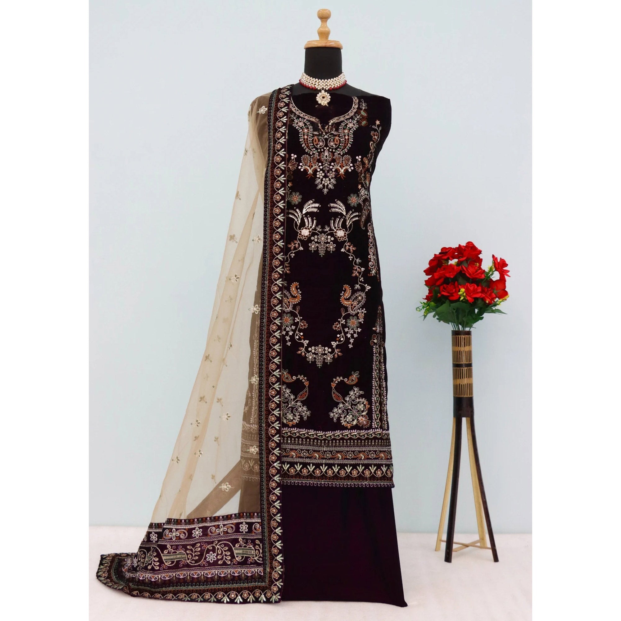 Dark Purple Velvet Dress Material Adorned with Sequins & Thread Embroidery