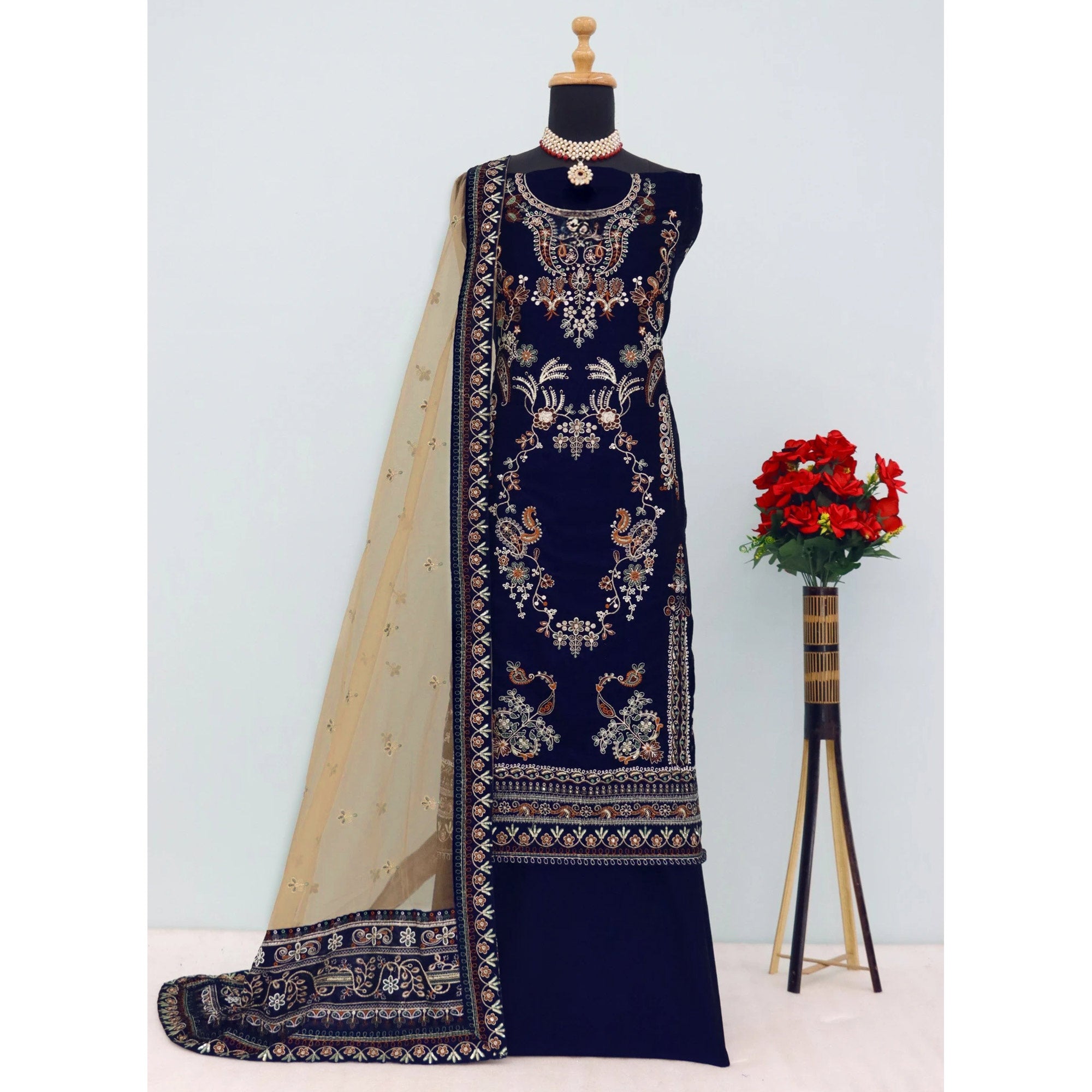 Navy Blue Velvet Dress Material Adorned with Sequins & Thread Embroidery