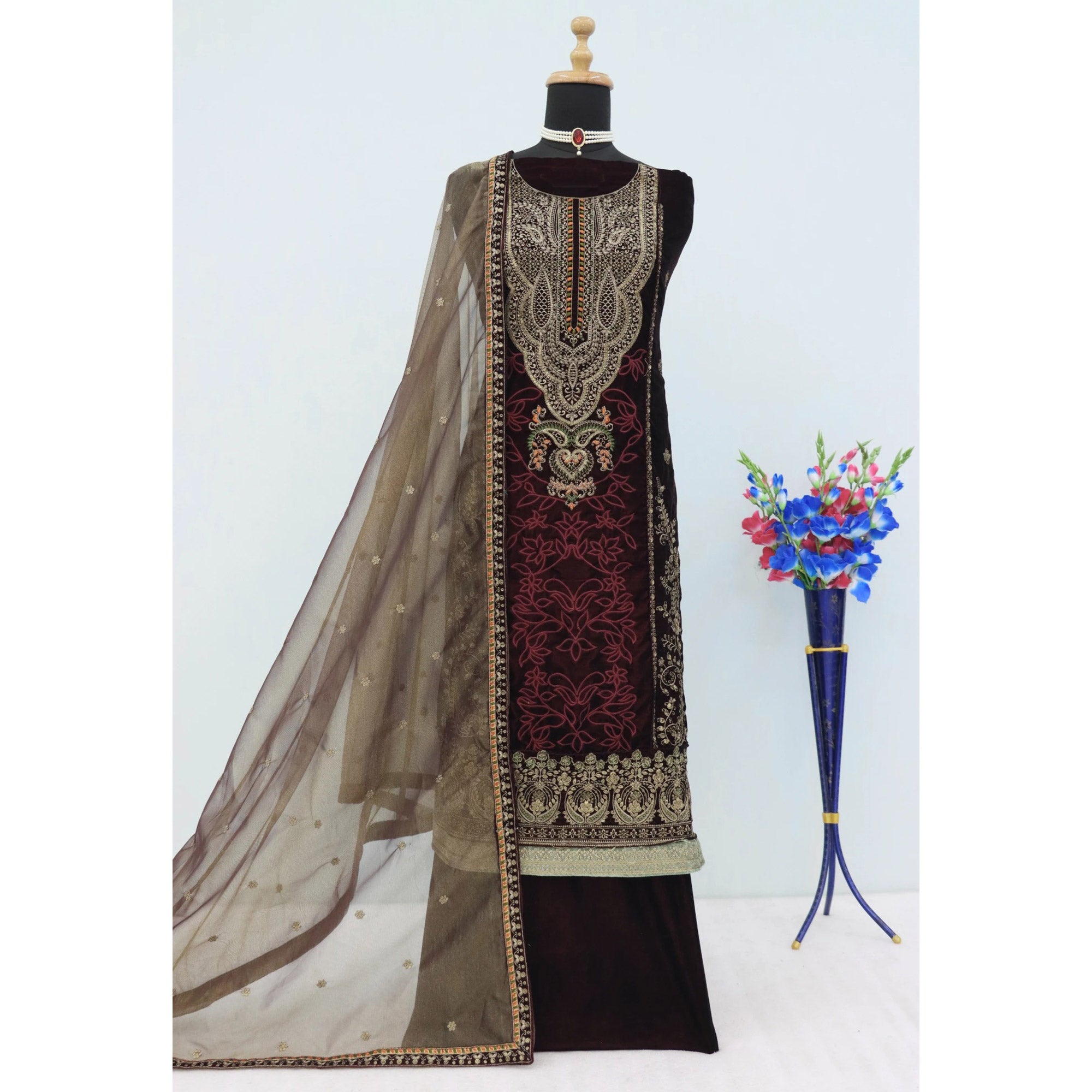 Dark Maroon Velvet Dress Material Adorned with Sequins & Thread Embroidery
