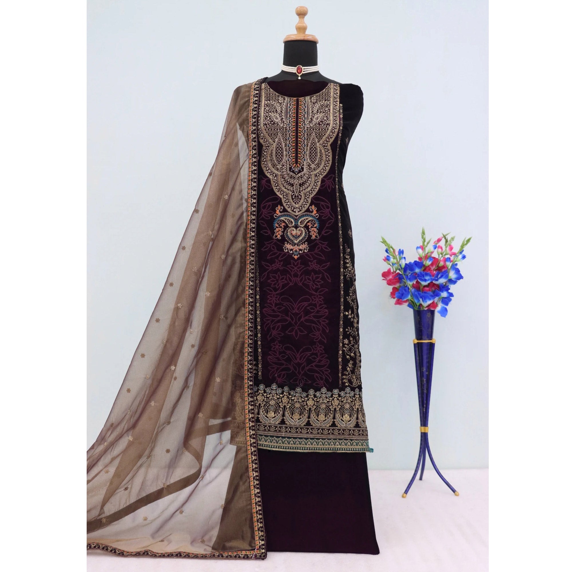 Purple Velvet Dress Material Adorned with Sequins & Thread Embroidery