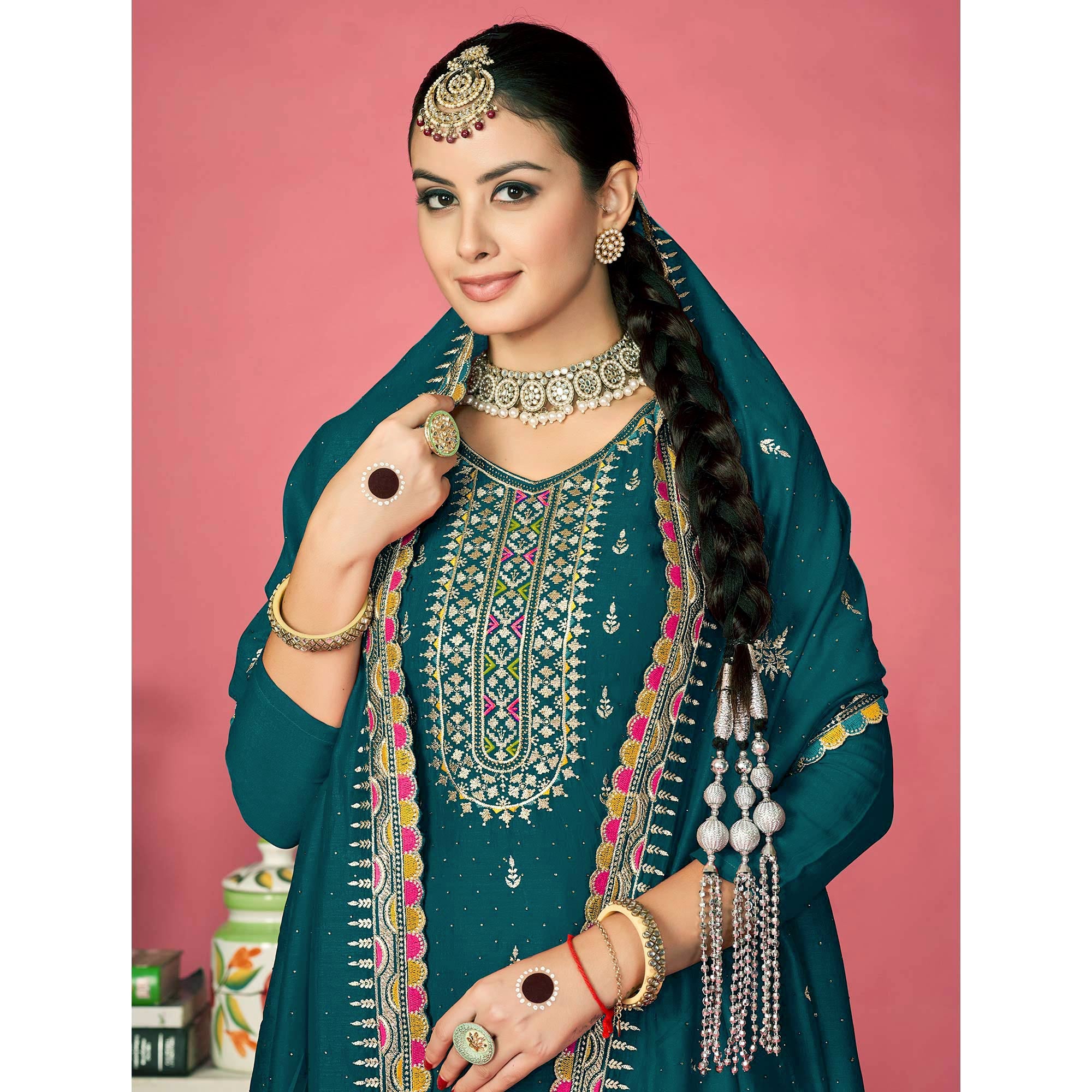 Teal Floral Embroidered Vichitra Silk Dress Material