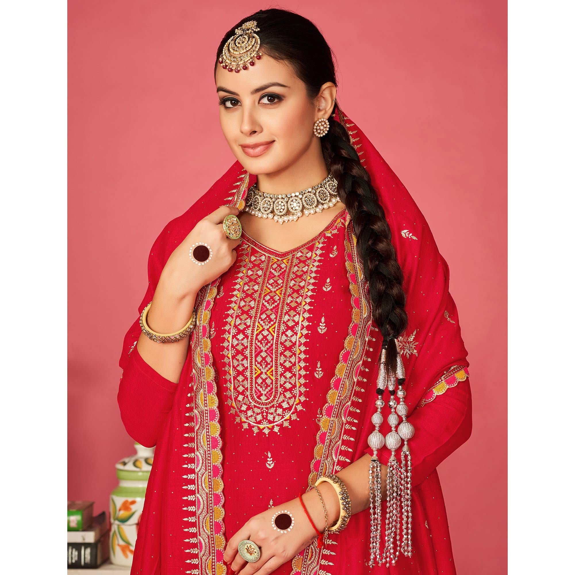 Red Floral Embroidered Vichitra Silk Dress Material