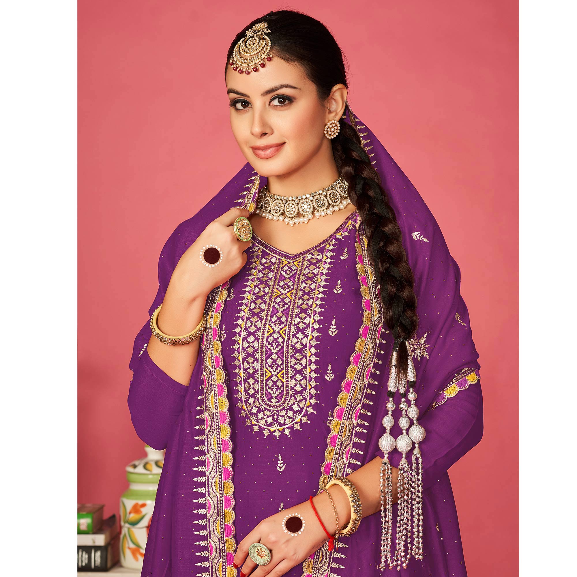 Purple Floral Embroidered Vichitra Silk Dress Material