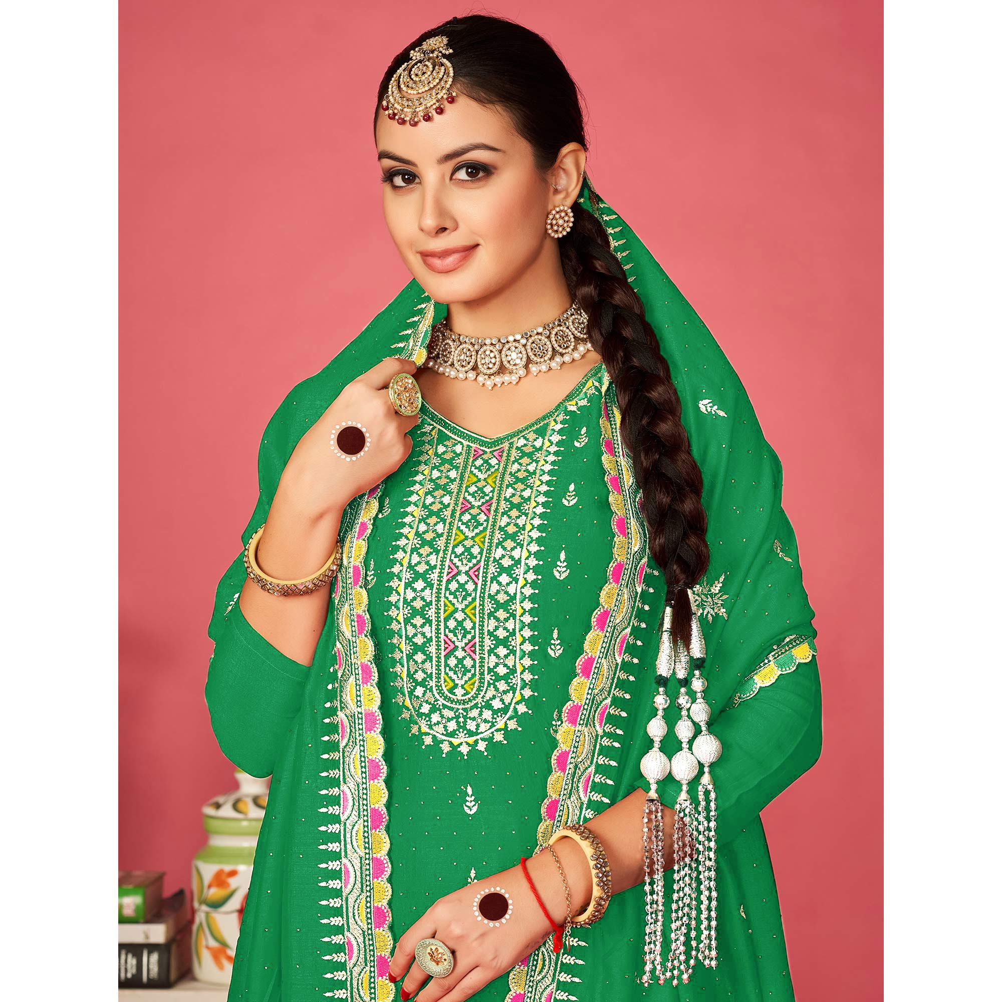 Green Floral Embroidered Vichitra Silk Dress Material