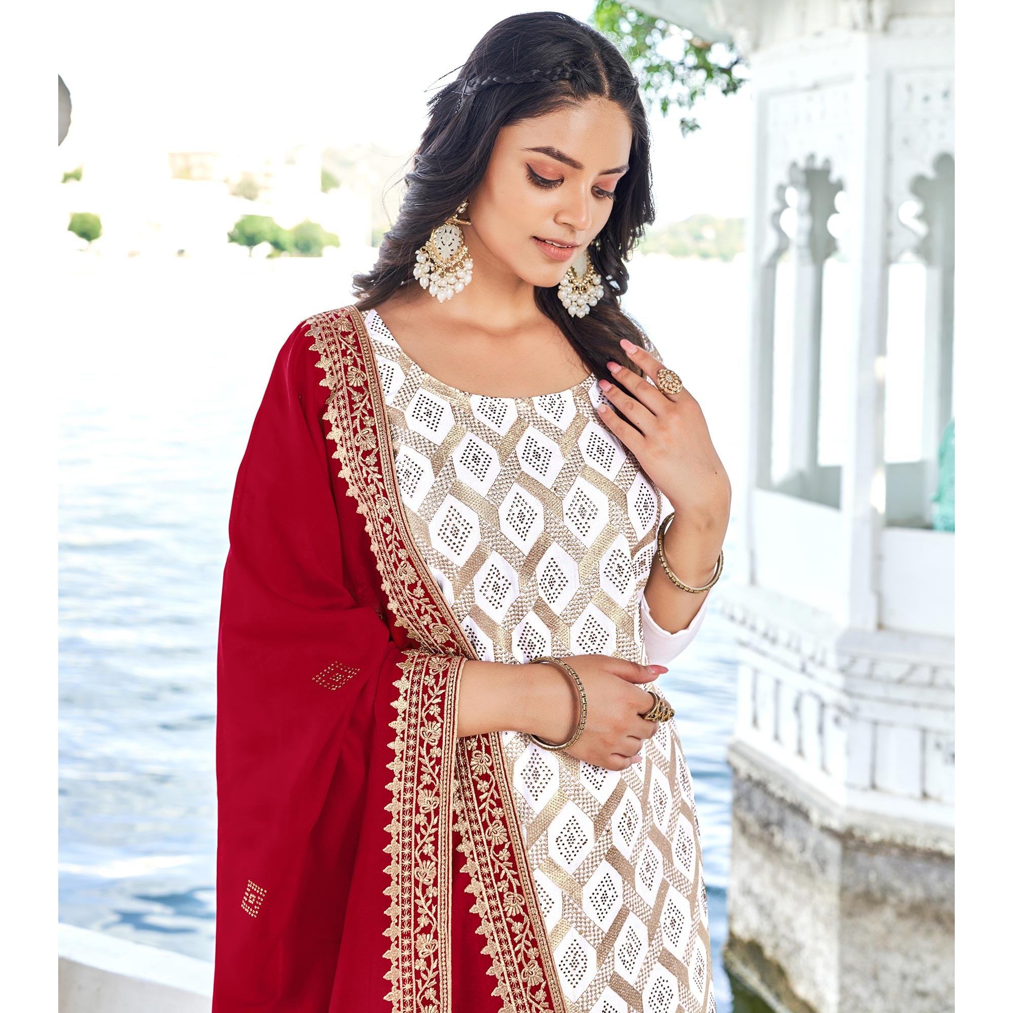 White & Red Embroidered With Swarovski Vichitra Silk Dress Material