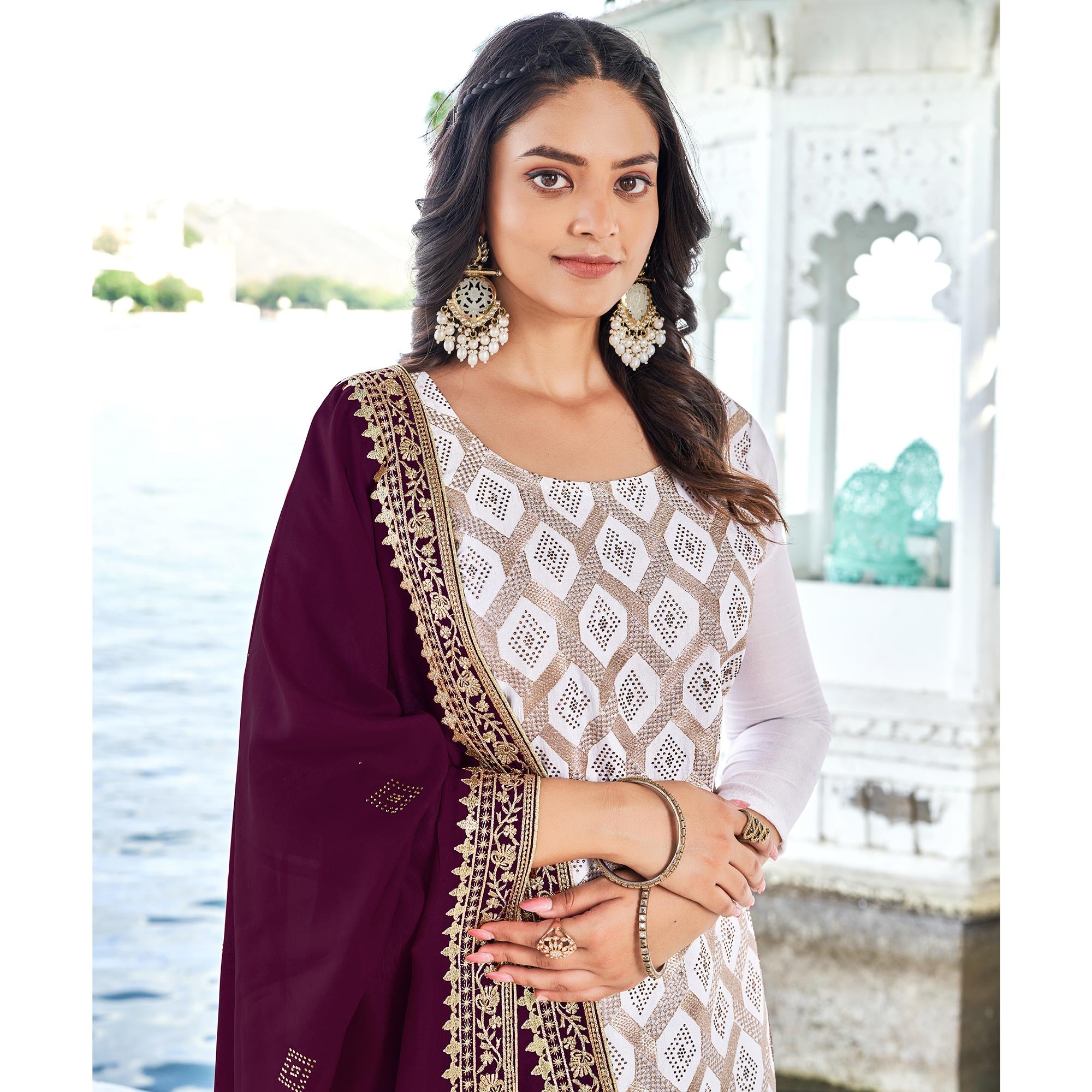 White & Purple Embroidered With Swarovski Vichitra Silk Dress Material