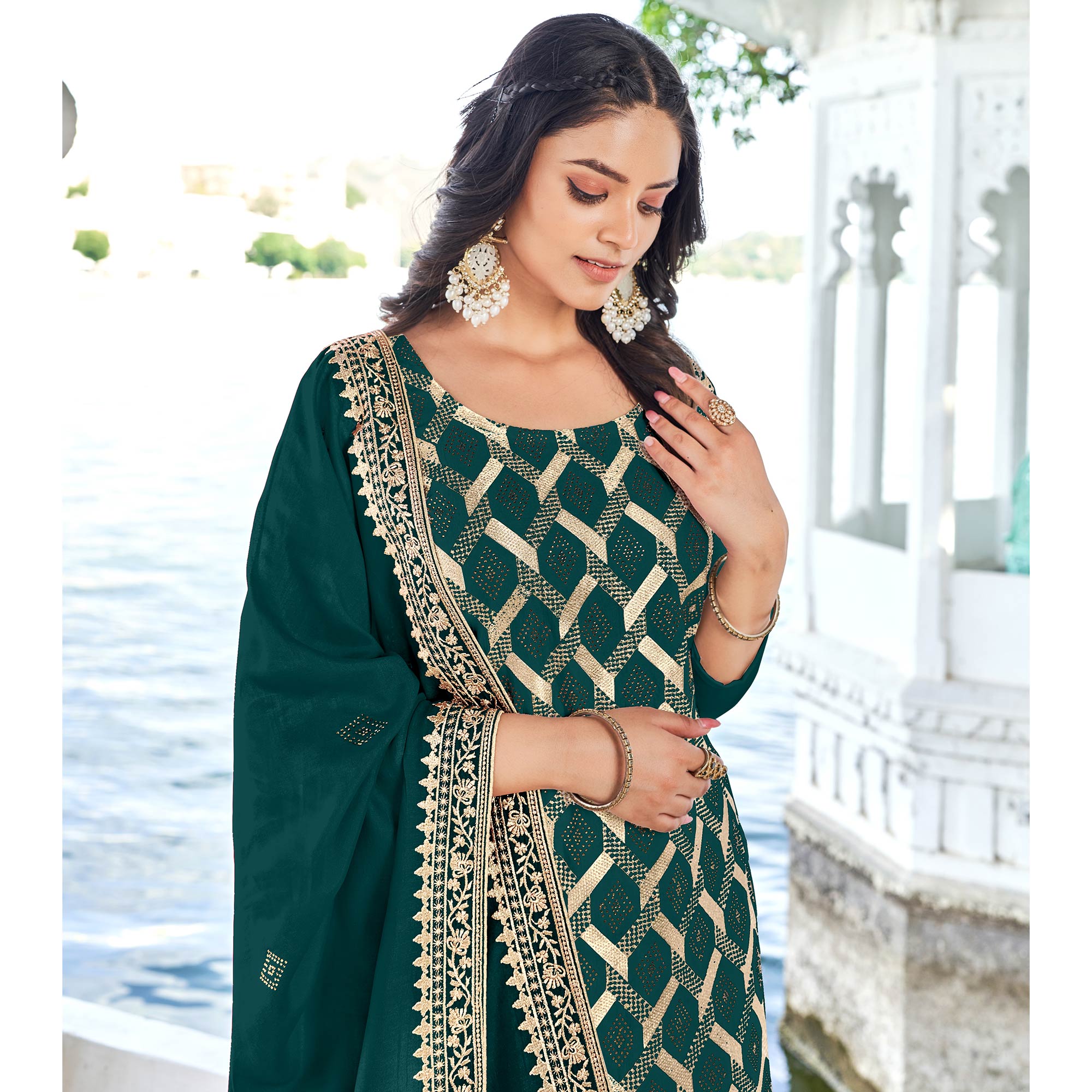 Green Embroidered With Swarovski Vichitra Silk Dress Material