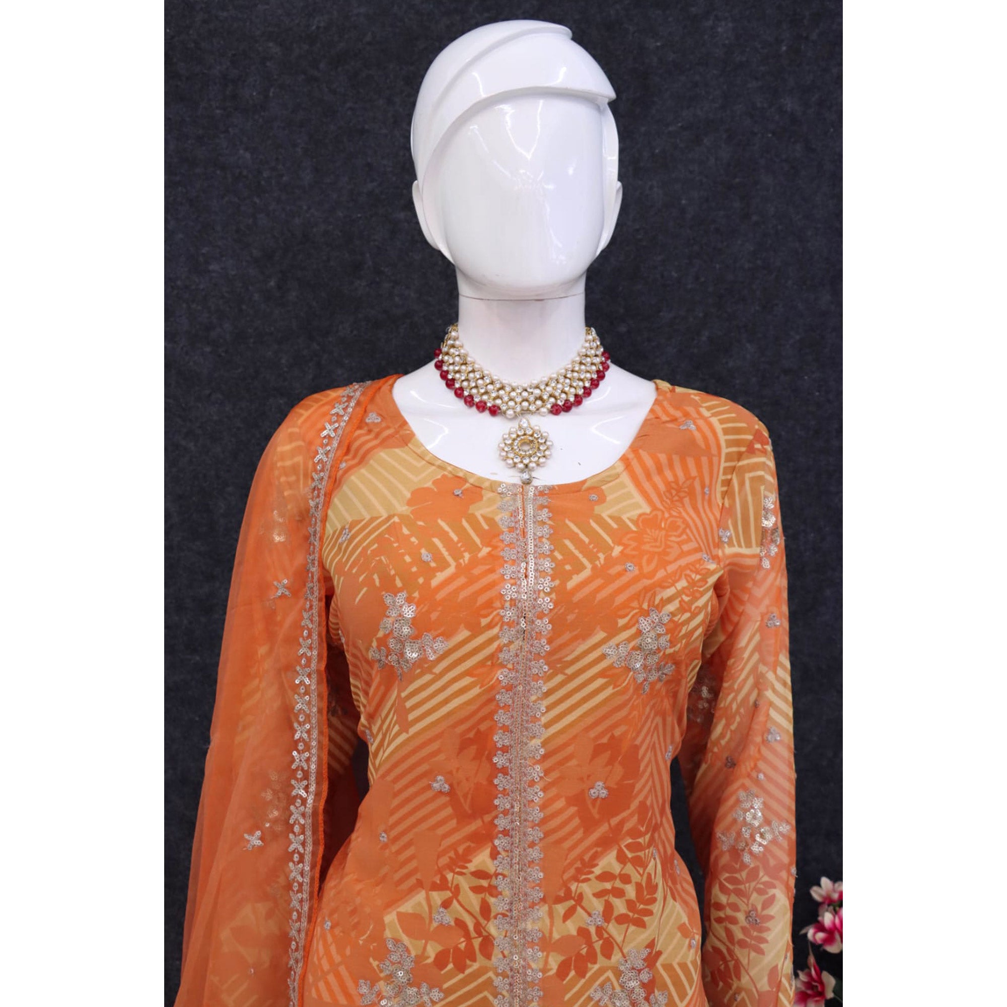 Orange Sequins Embroidered Georgette Sharara Suit