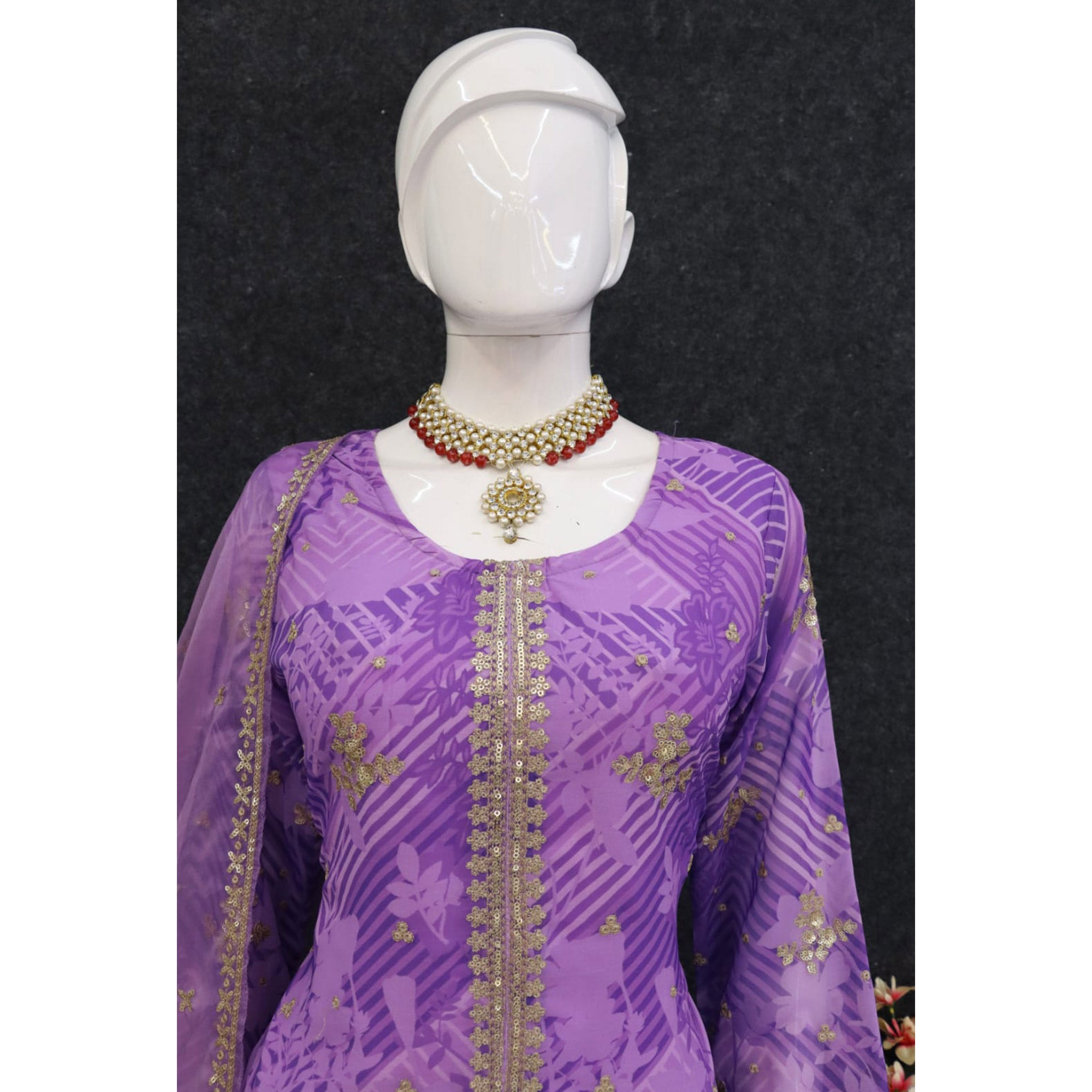 Purple Sequins Embroidered Georgette Sharara Suit