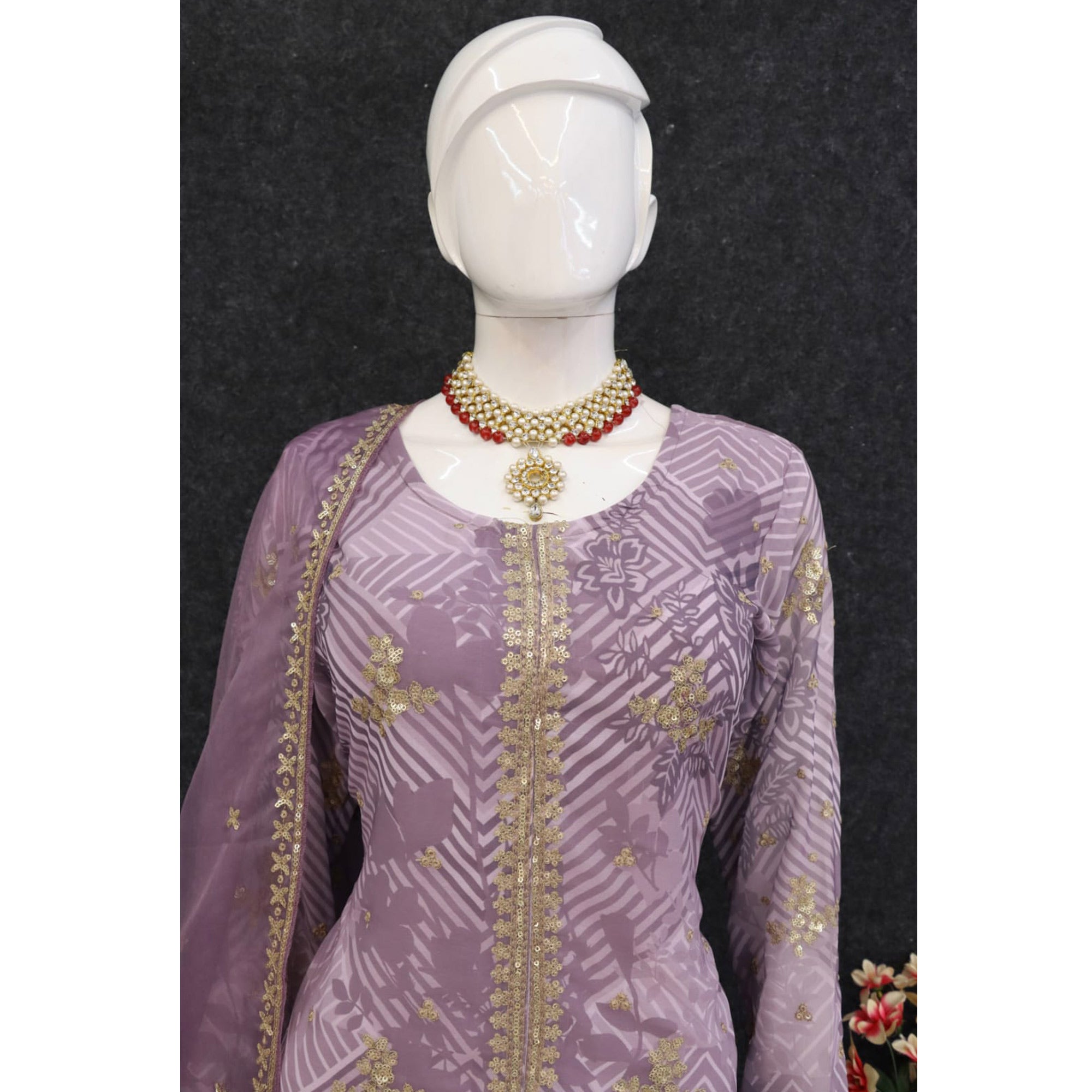 Mauve Sequins Embroidered Georgette Sharara Suit