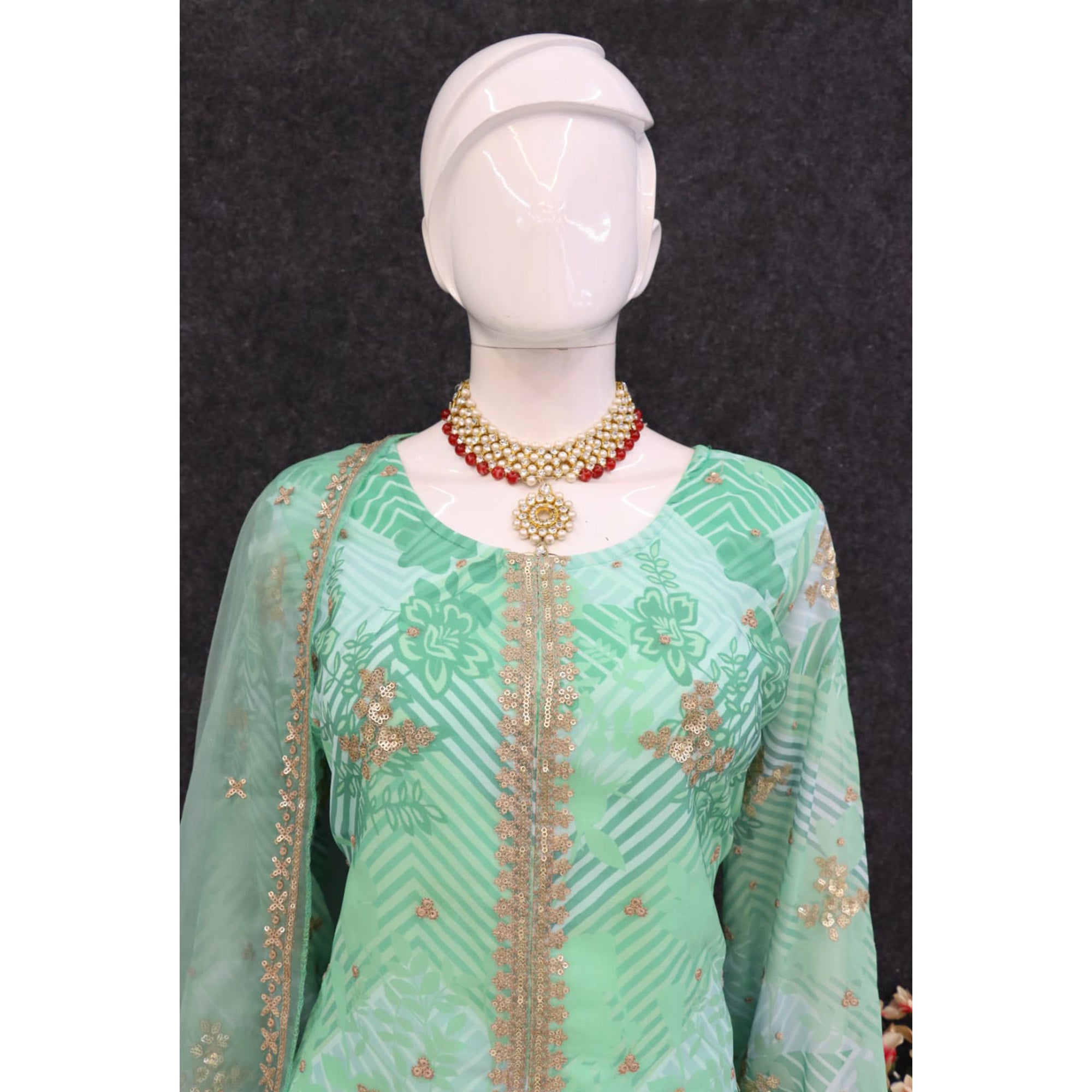 Pista Green Sequins Embroidered Georgette Sharara Suit