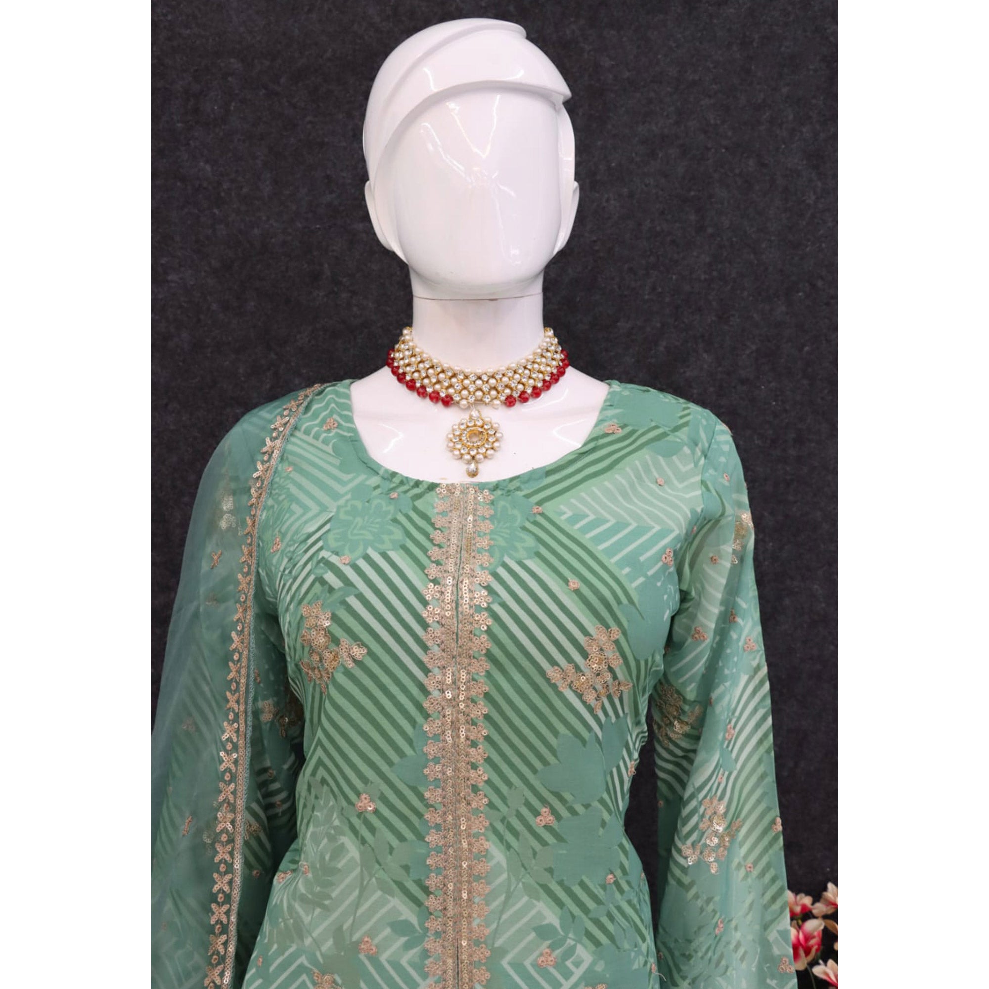 Dusty Green Sequins Embroidered Georgette Sharara Suit