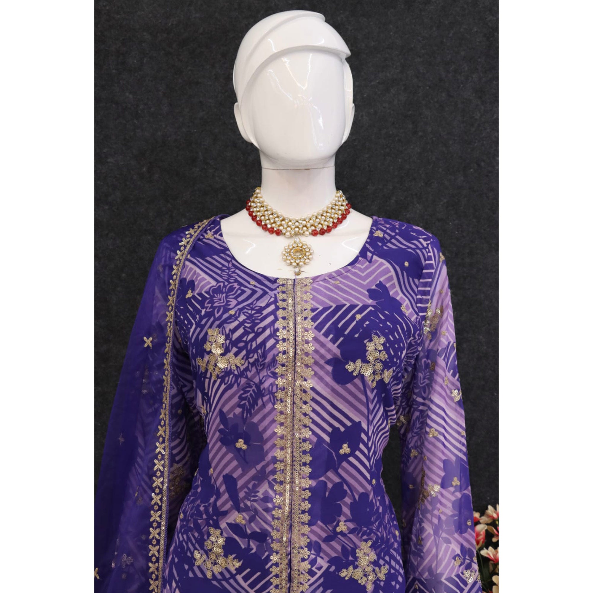 Violet Sequins Embroidered Georgette Sharara Suit