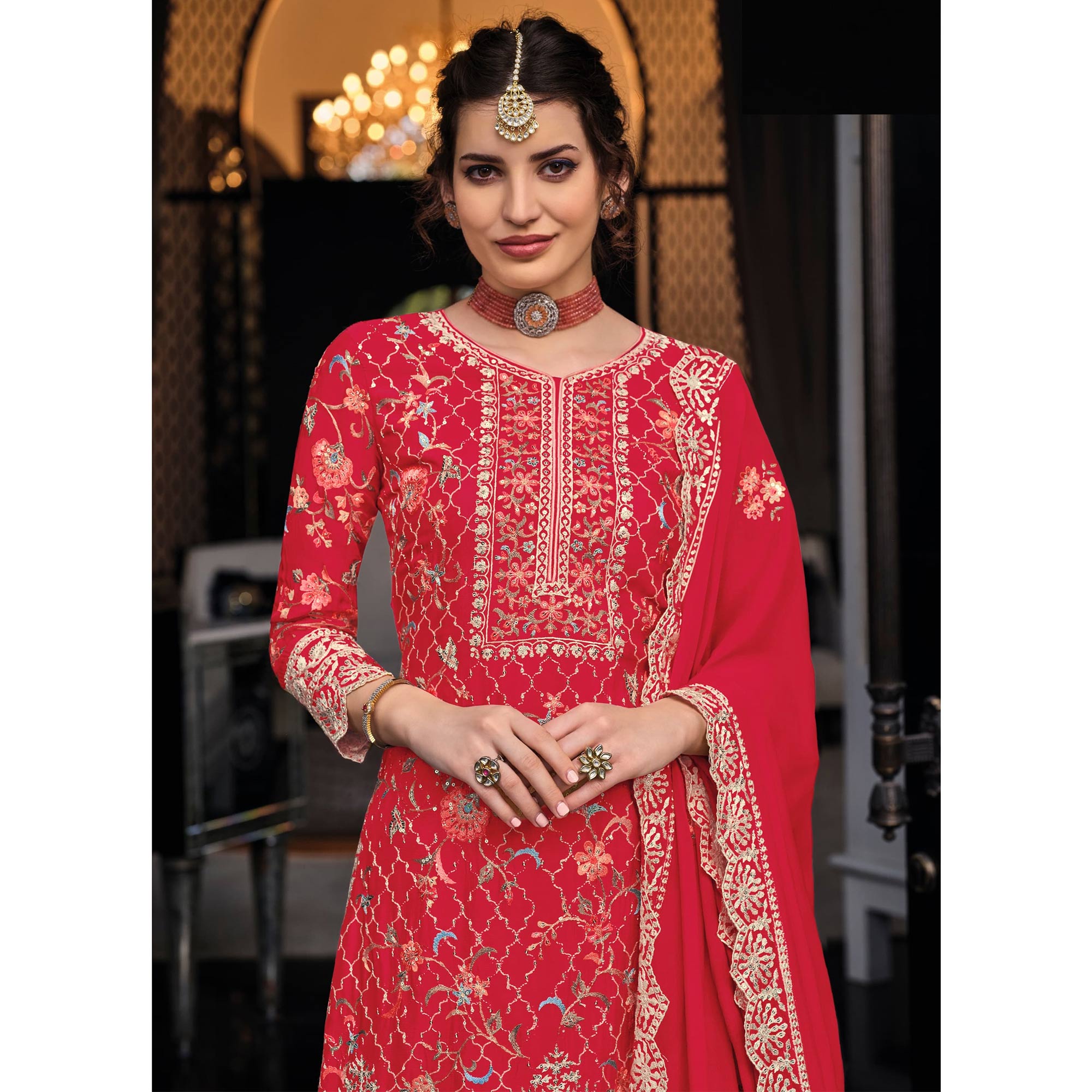 Red Floral Embroidered Pure Silk Unstitched Dress Material