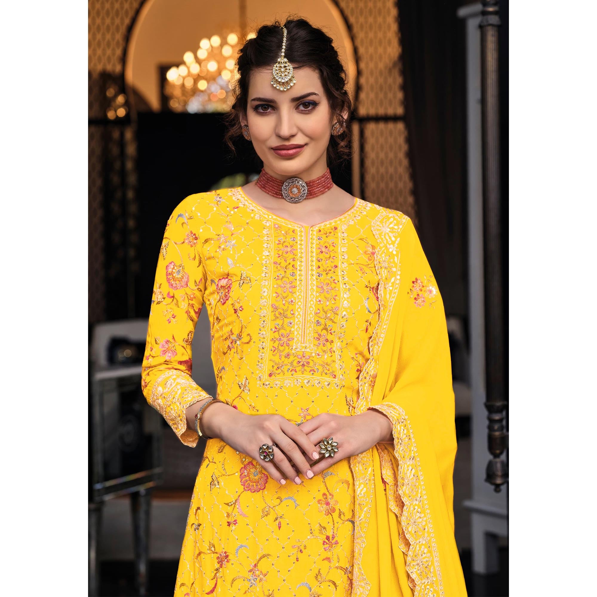 Yellow Floral Embroidered Pure Silk Unstitched Dress Material