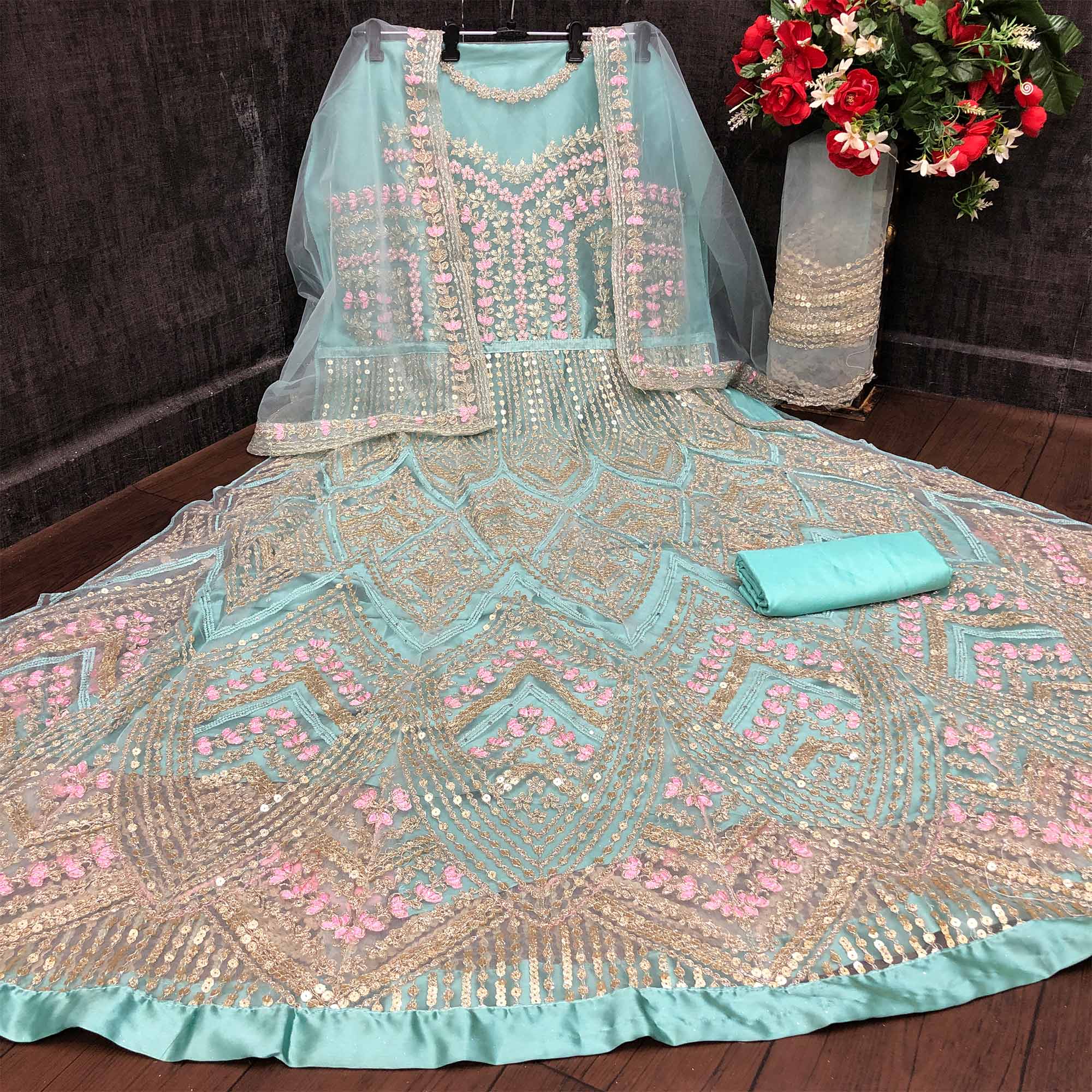 Cyan Blue Embroidered Heavy Net Semi Stitched Anarkali Suit