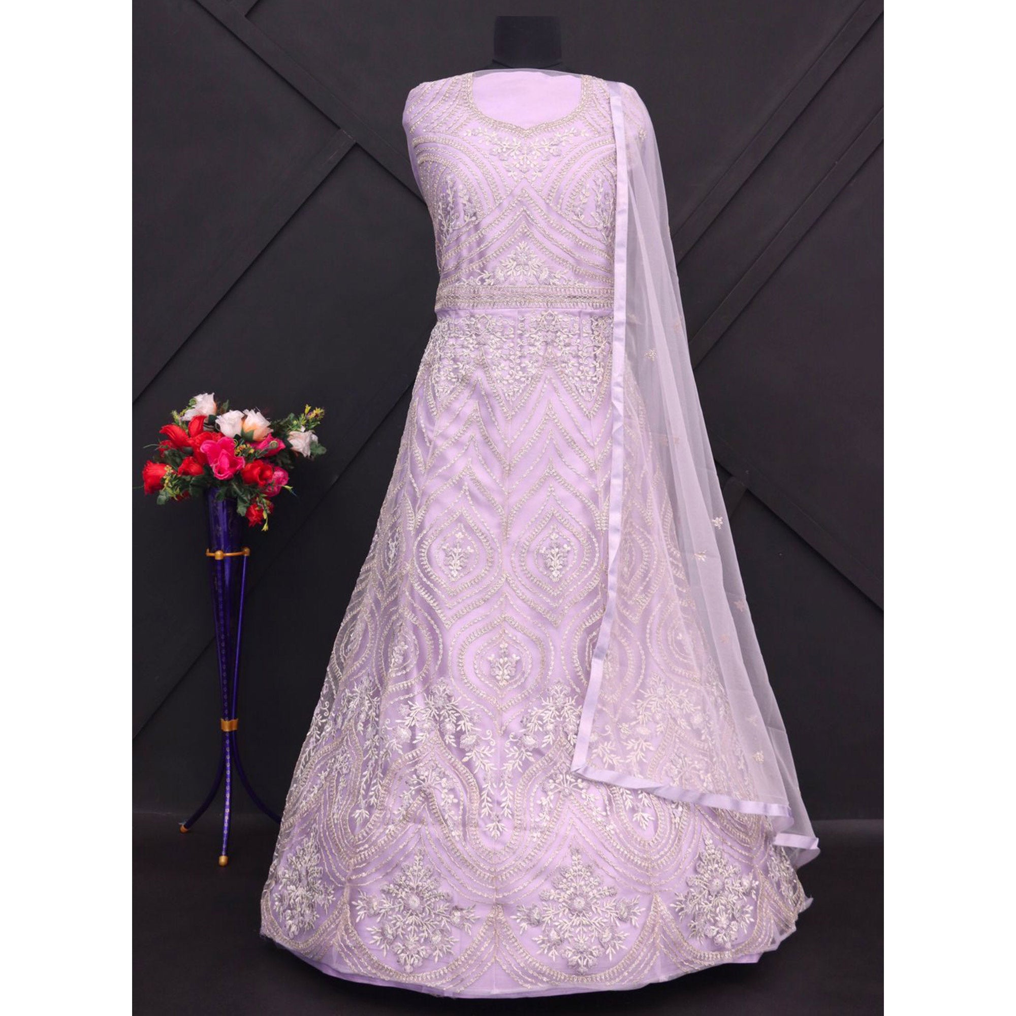 Thistle Purple Floral embroidetred Net Semi Stitched Anarkali Style Gown