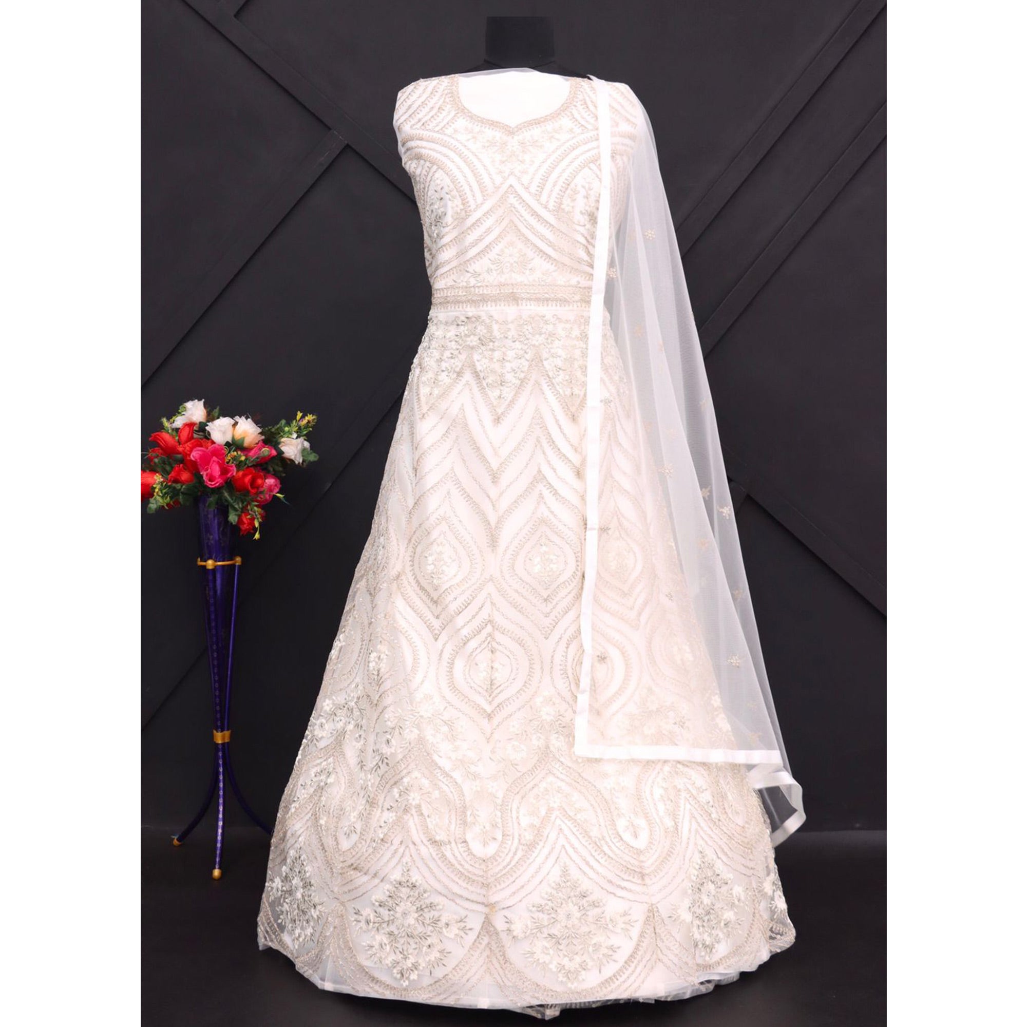 White Floral embroidered Net Semi Stitched Anarkali Style Gown