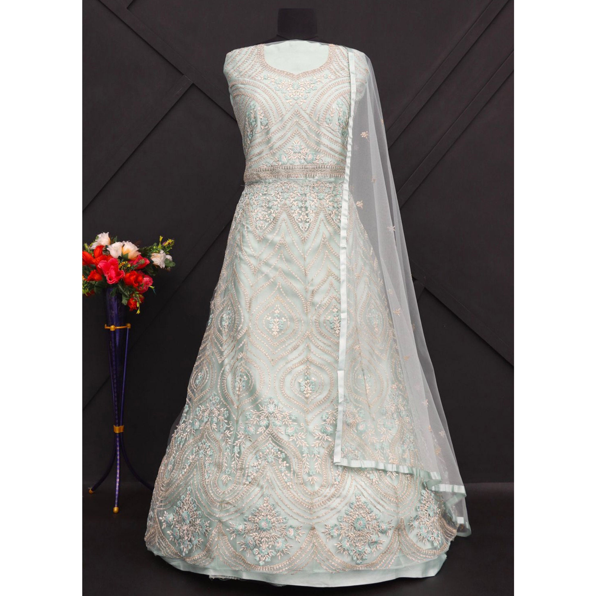 Turquoise Floral embroidered Net Semi Stitched Anarkali Style Gown