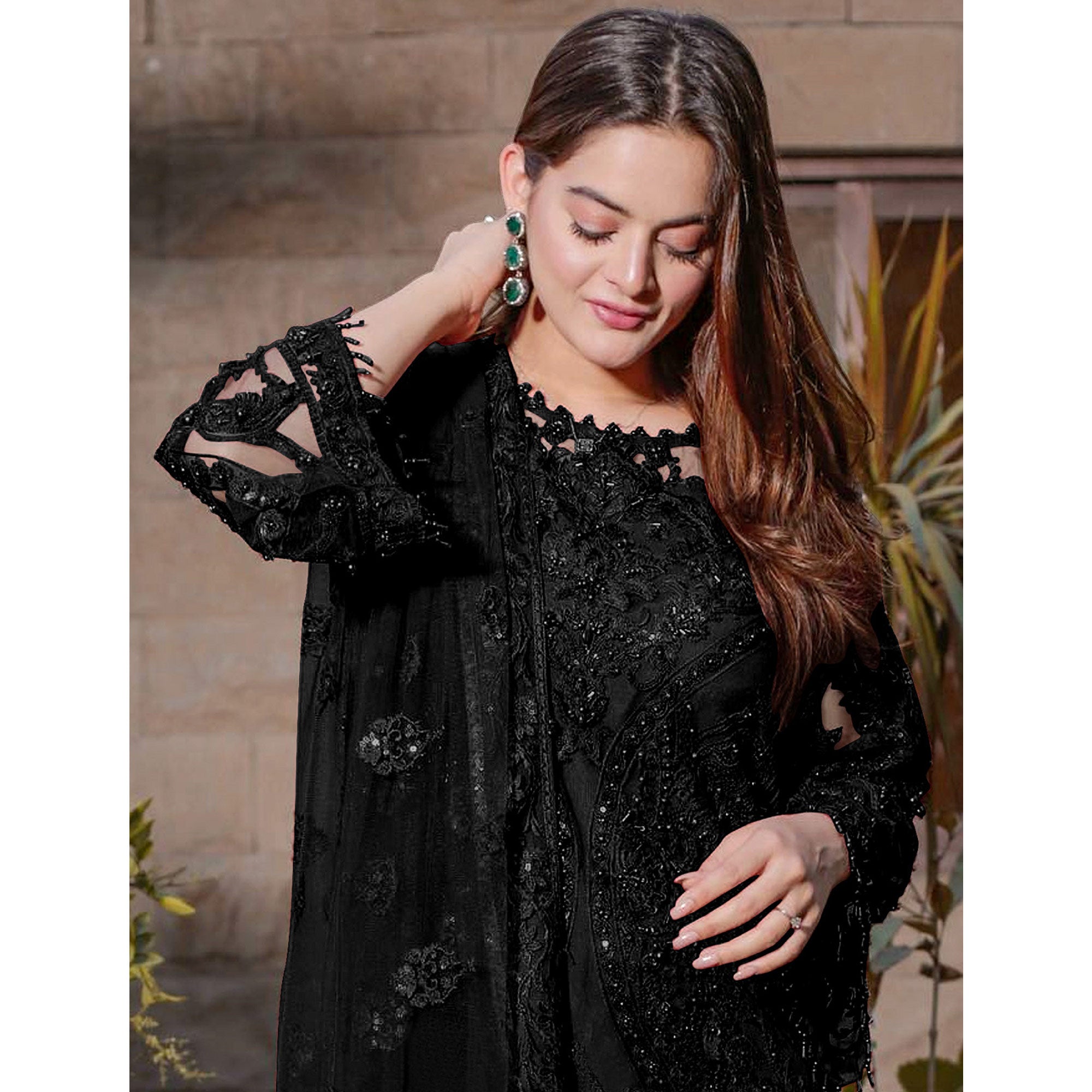 Black Embroidered Georgette Semi Stitched Pakistani Suit