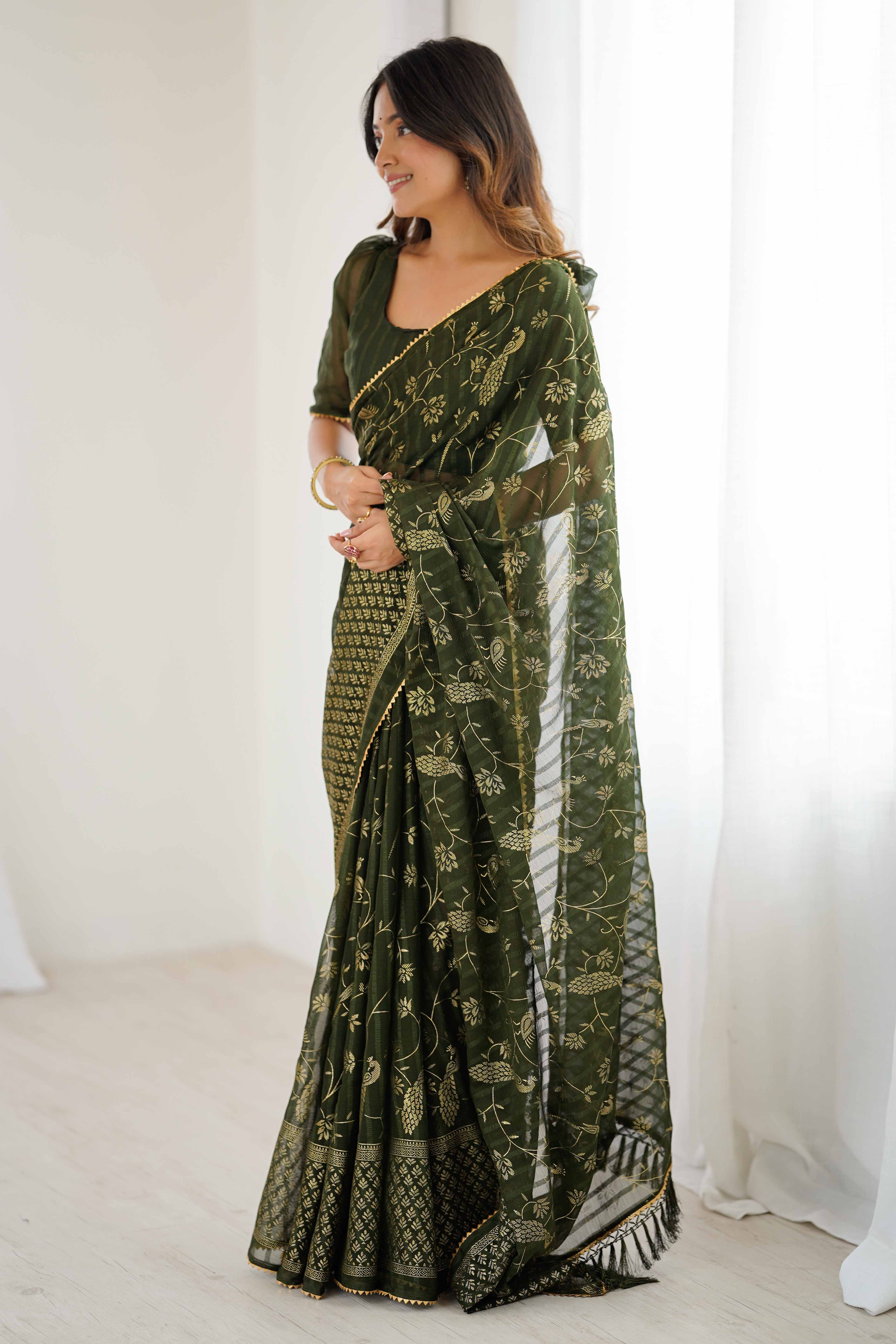 Mehendi Green Georgette Saree with Shimmering Foil Print & Gota Patti Border